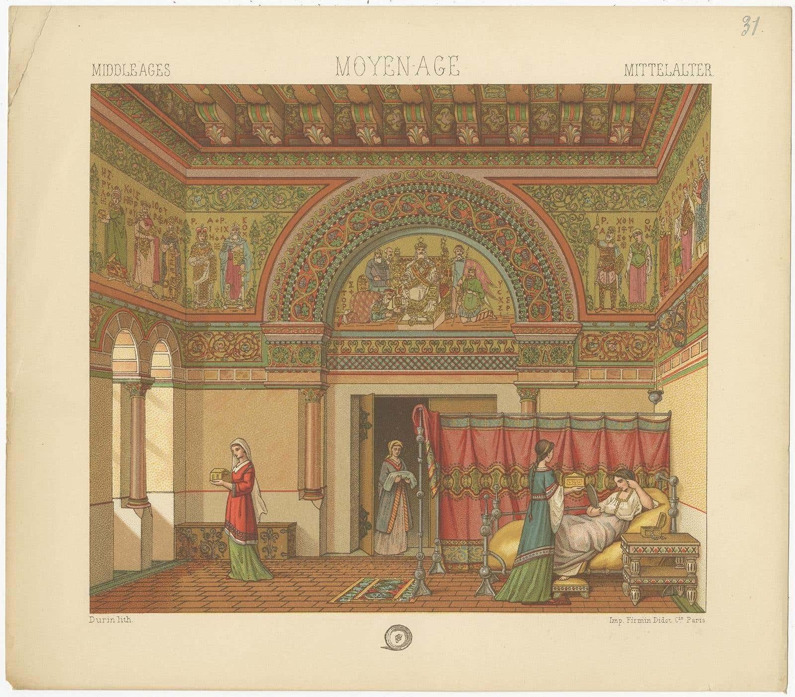 Pl. 31 Antique Print Of Middle Ages Interior By Racinet 'Circa 1880' photo furniture