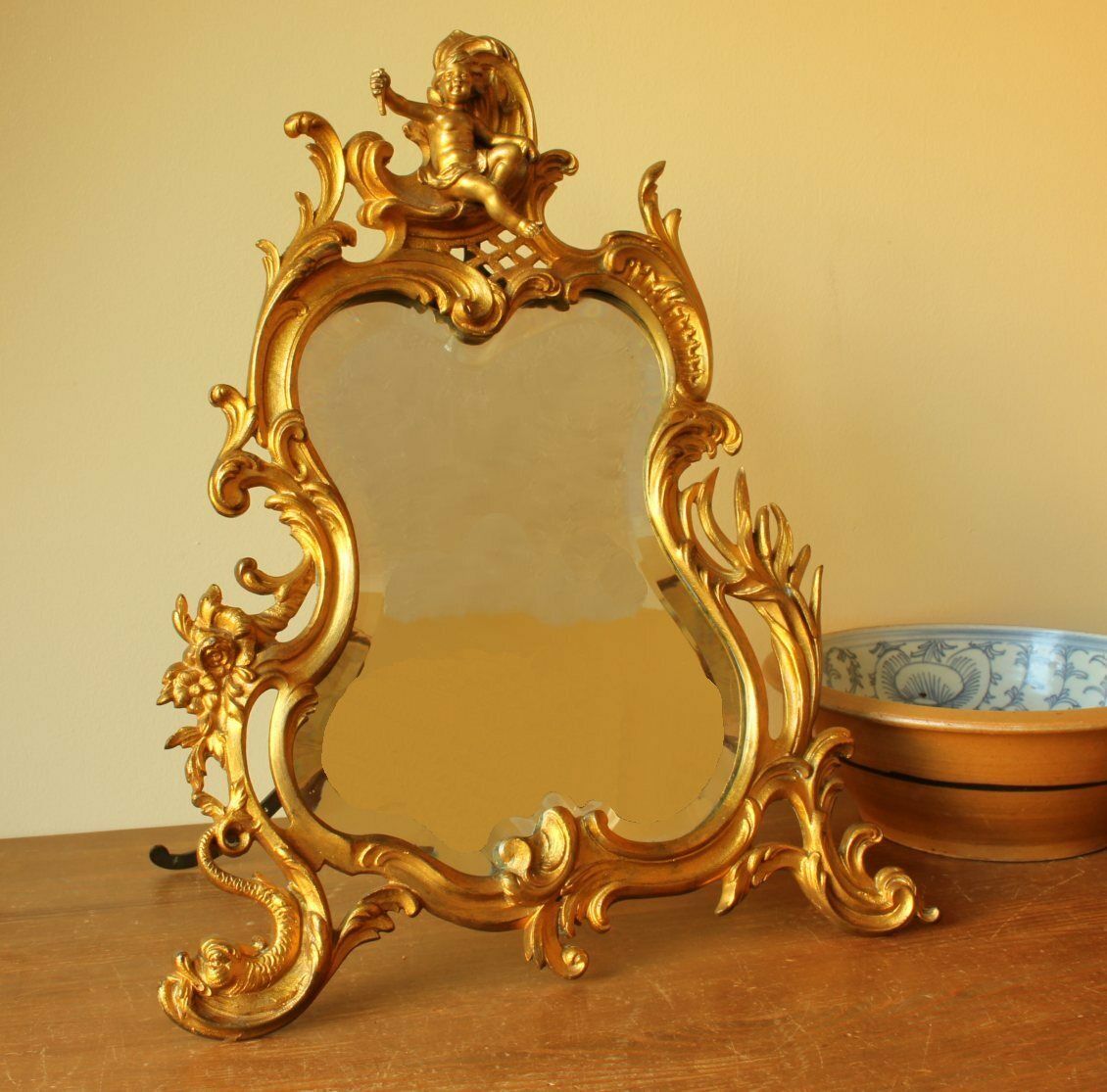 Home Decor 19th Century French Gold Gilt Bronze Rococo Style Cherub Easel Back Table Mirror. photo