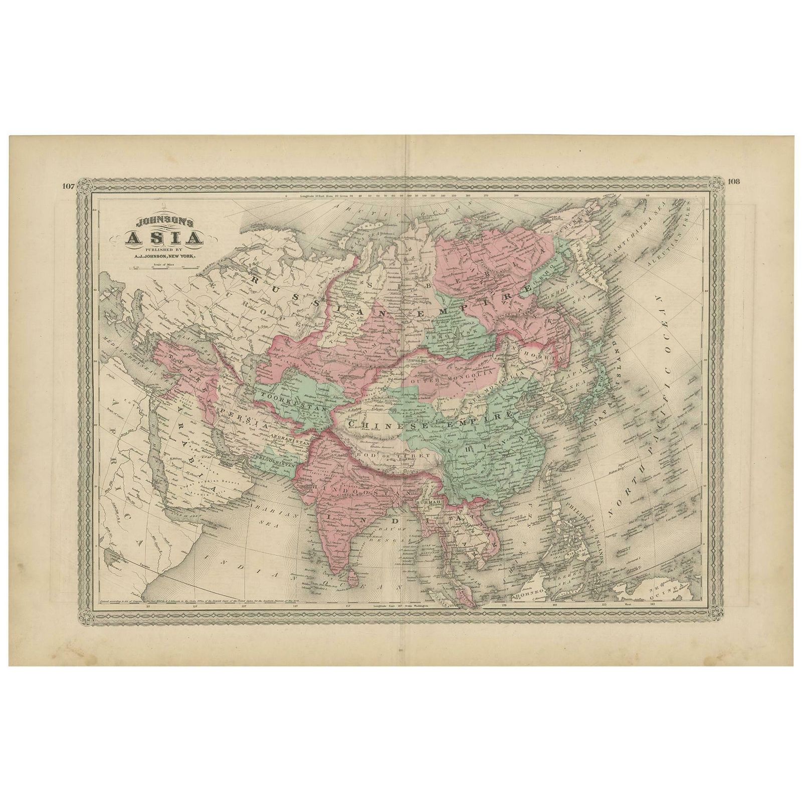 Antique Map Of Asia By Johnson, 1872