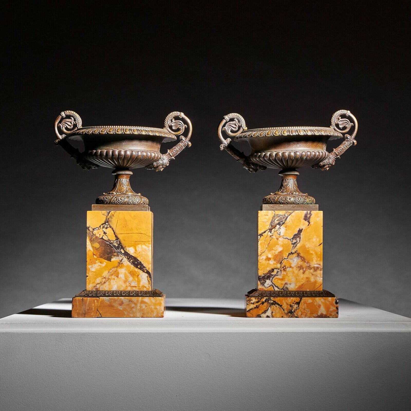 A Pair Of Early 19th Century French Bronze And Marble Tazzas Of Particularly High Quality And Large Size