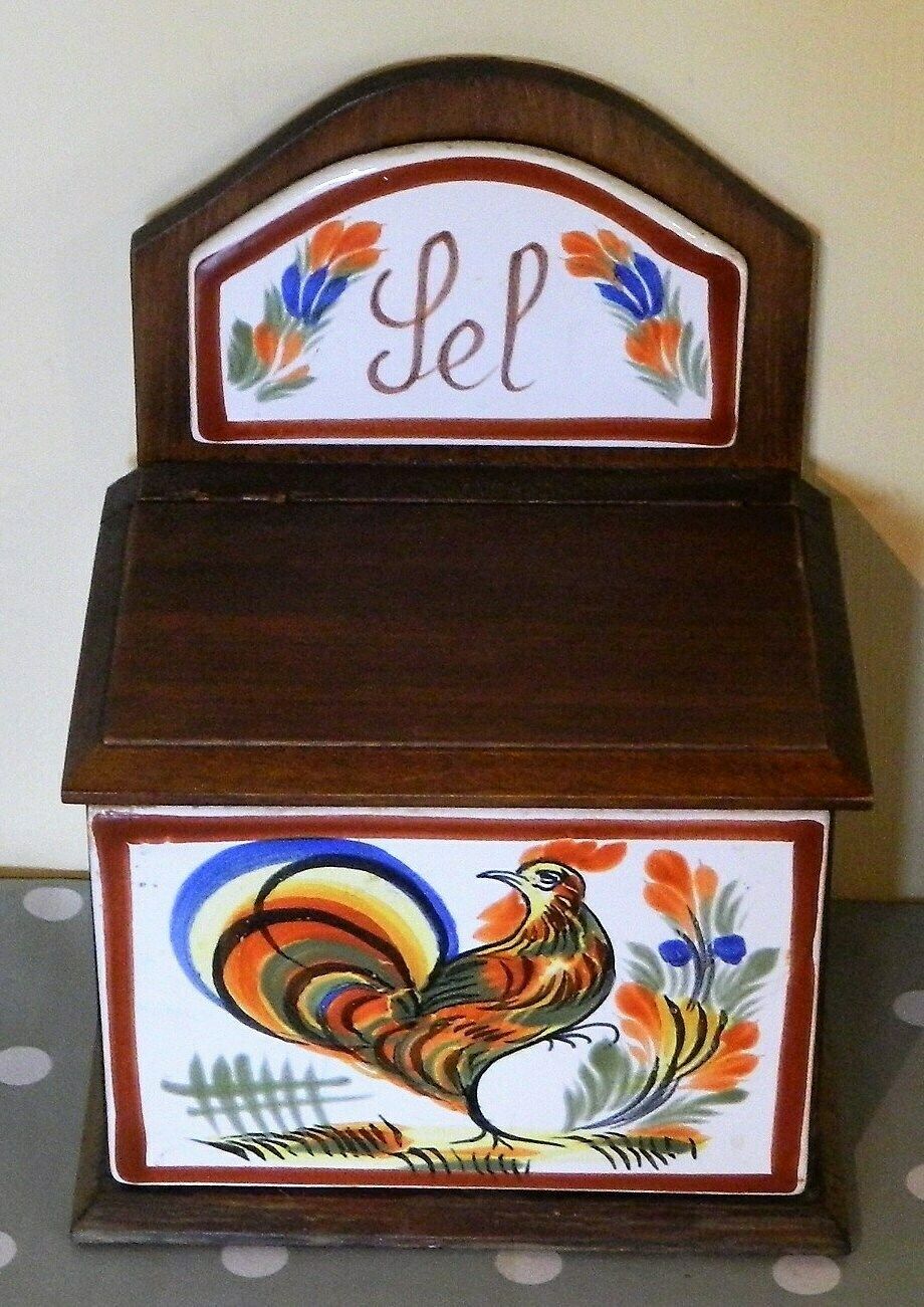 Salt Box, Salt Holders, French Salt Box, Old Salt Box, Boite à Sel, Céramique Bois, Kitchen Pottery, Cockerel Decor, Rooster Kitchen, French photo furniture