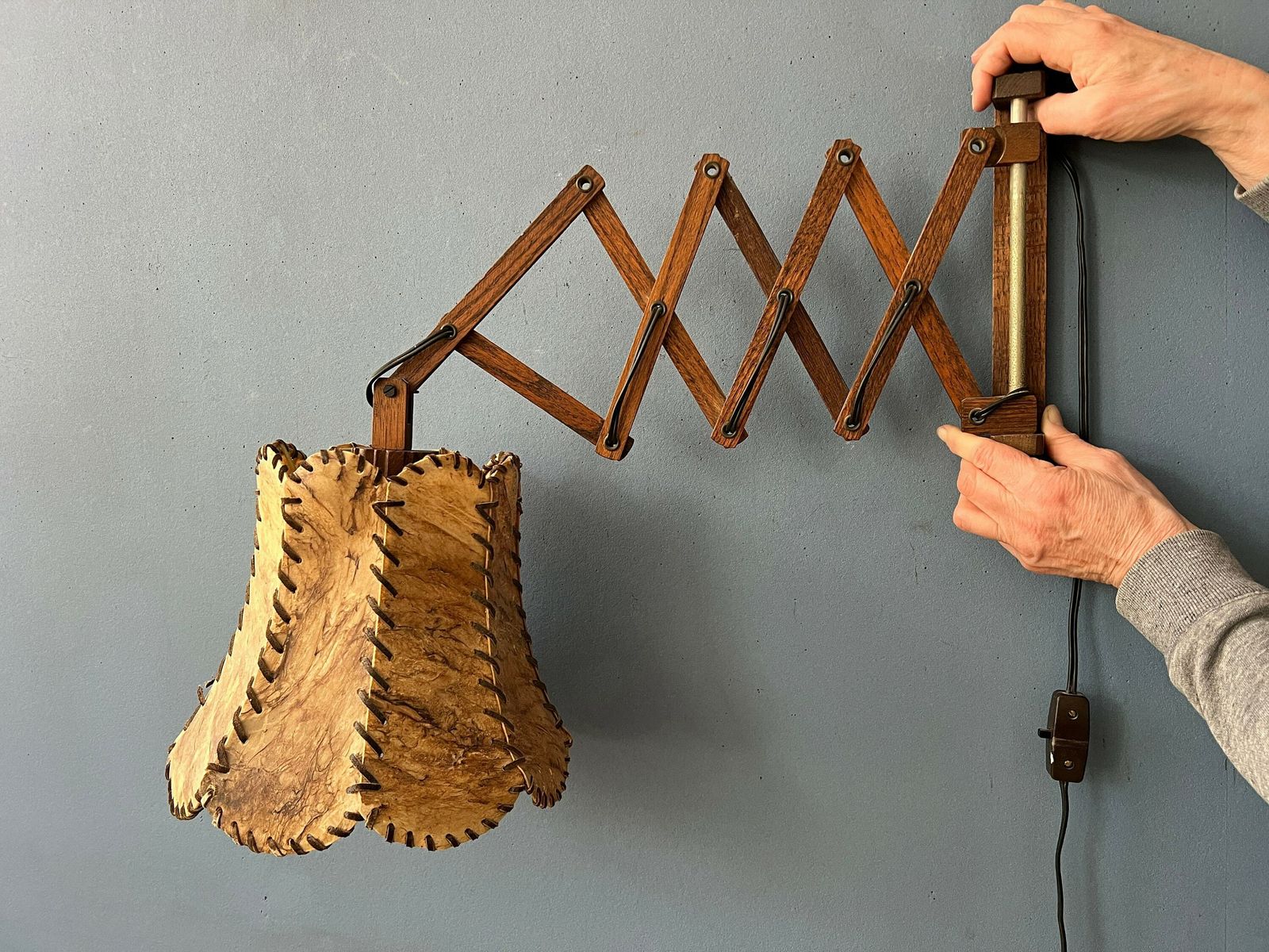 Teak Wood Scissor Wall Lamp With Warm Toned Shade photo 236.0