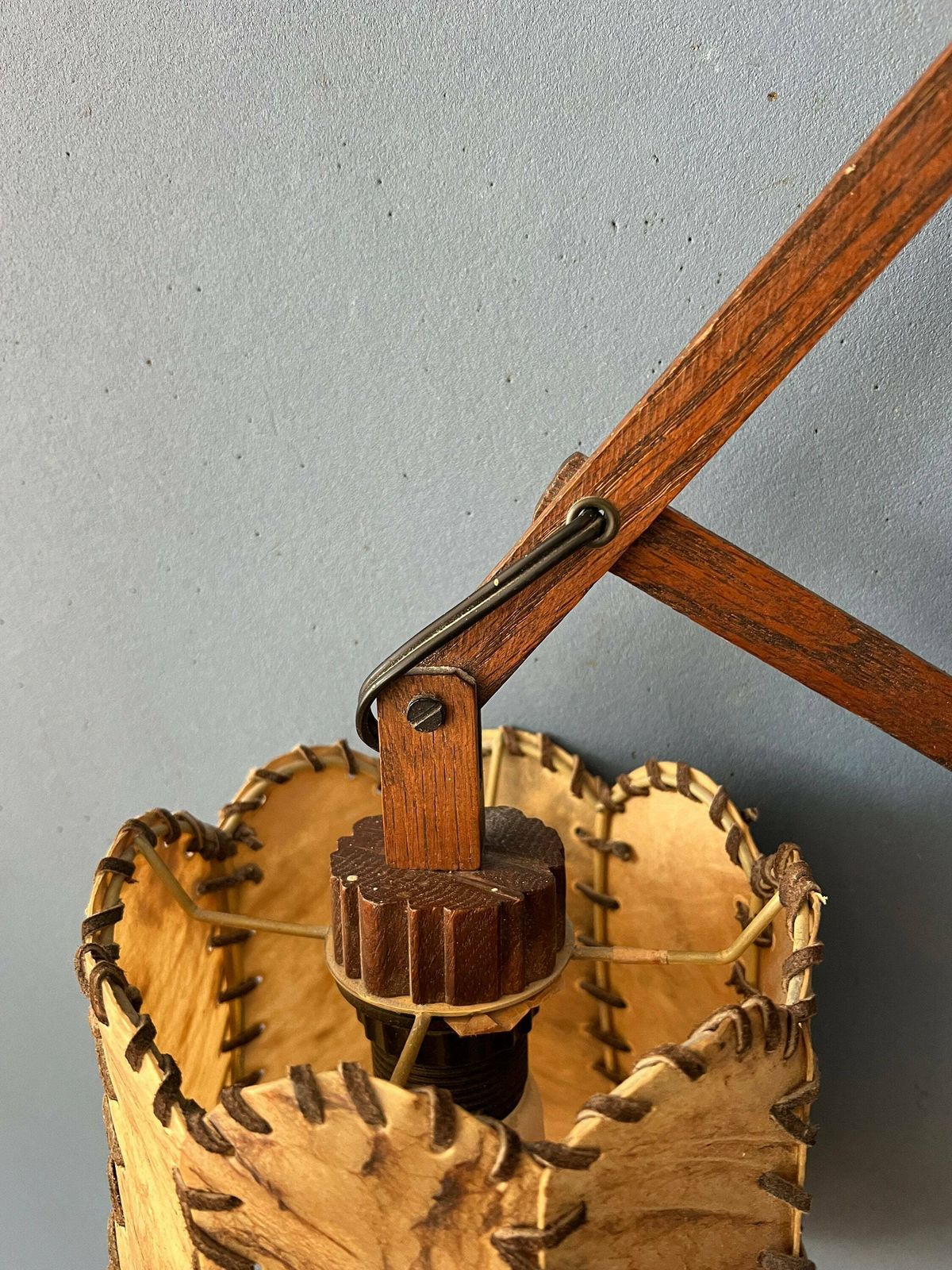 photo for sale Teak Wood Scissor Wall Lamp With Warm Toned Shade