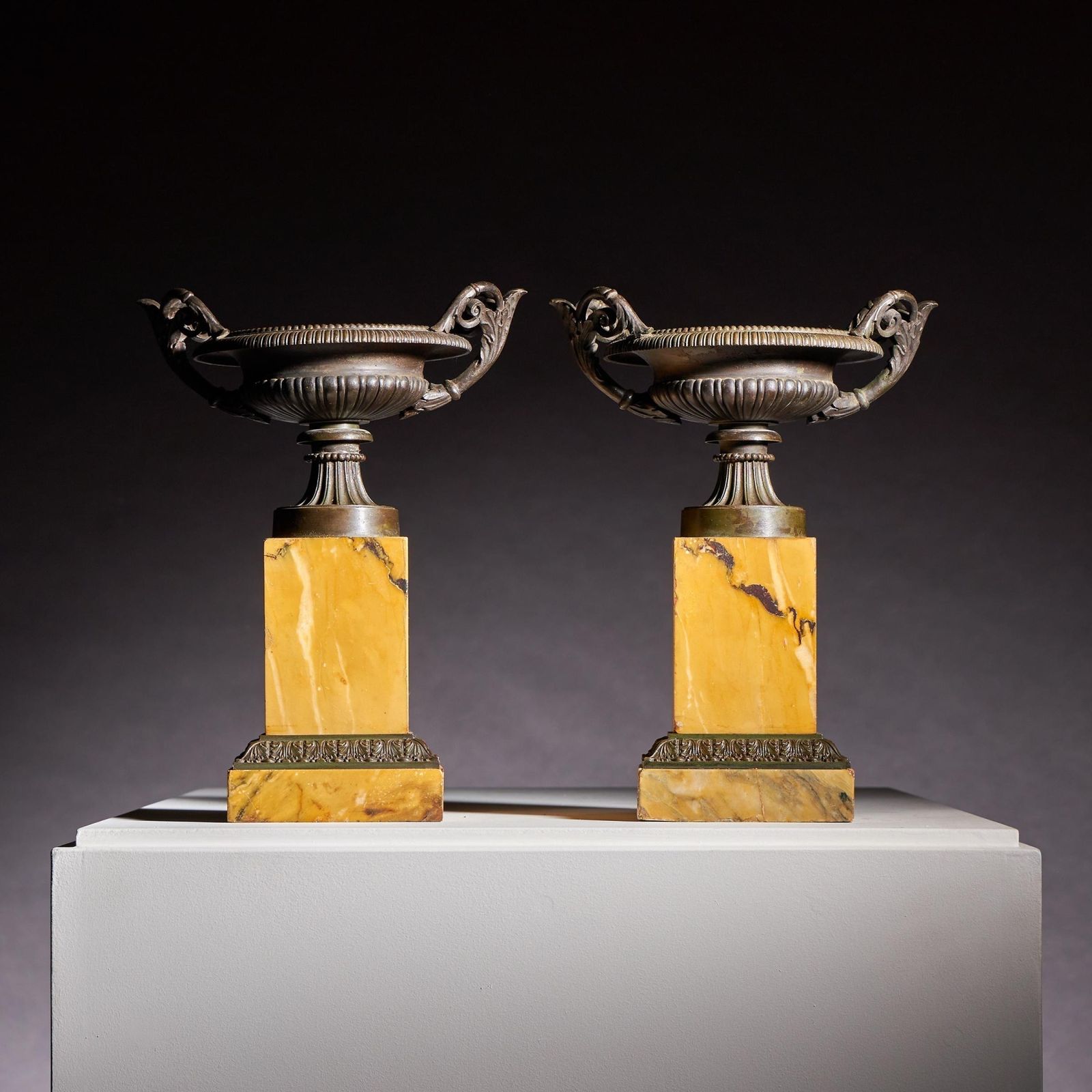 Large Pair Of Early 19th Century French Grand Tour Bronze And Siena Marble Tazzas photo for sale