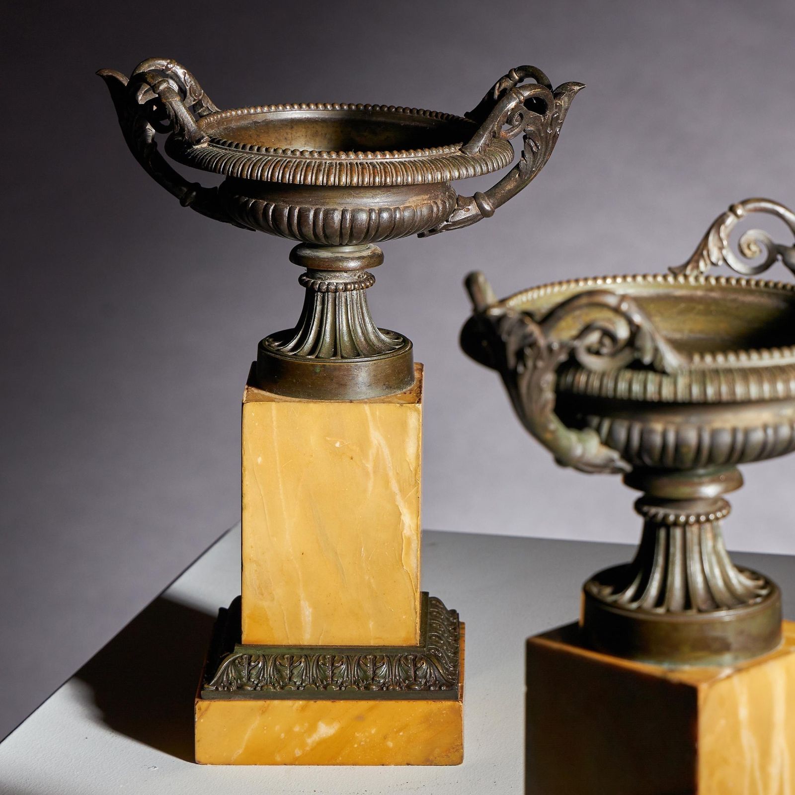 photo furniture Large Pair Of Early 19th Century French Grand Tour Bronze And Siena Marble Tazzas