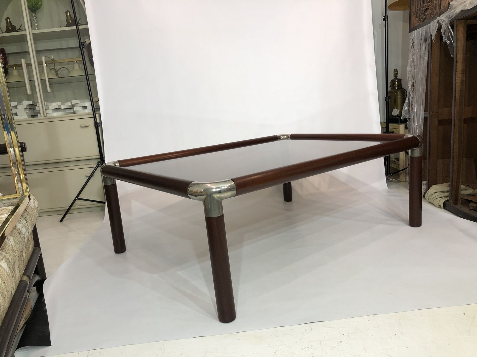 Large Mahogany Wood Chrome Coffee Table Smoked Glass Mid Century Hollywood 1970s photo vinterior