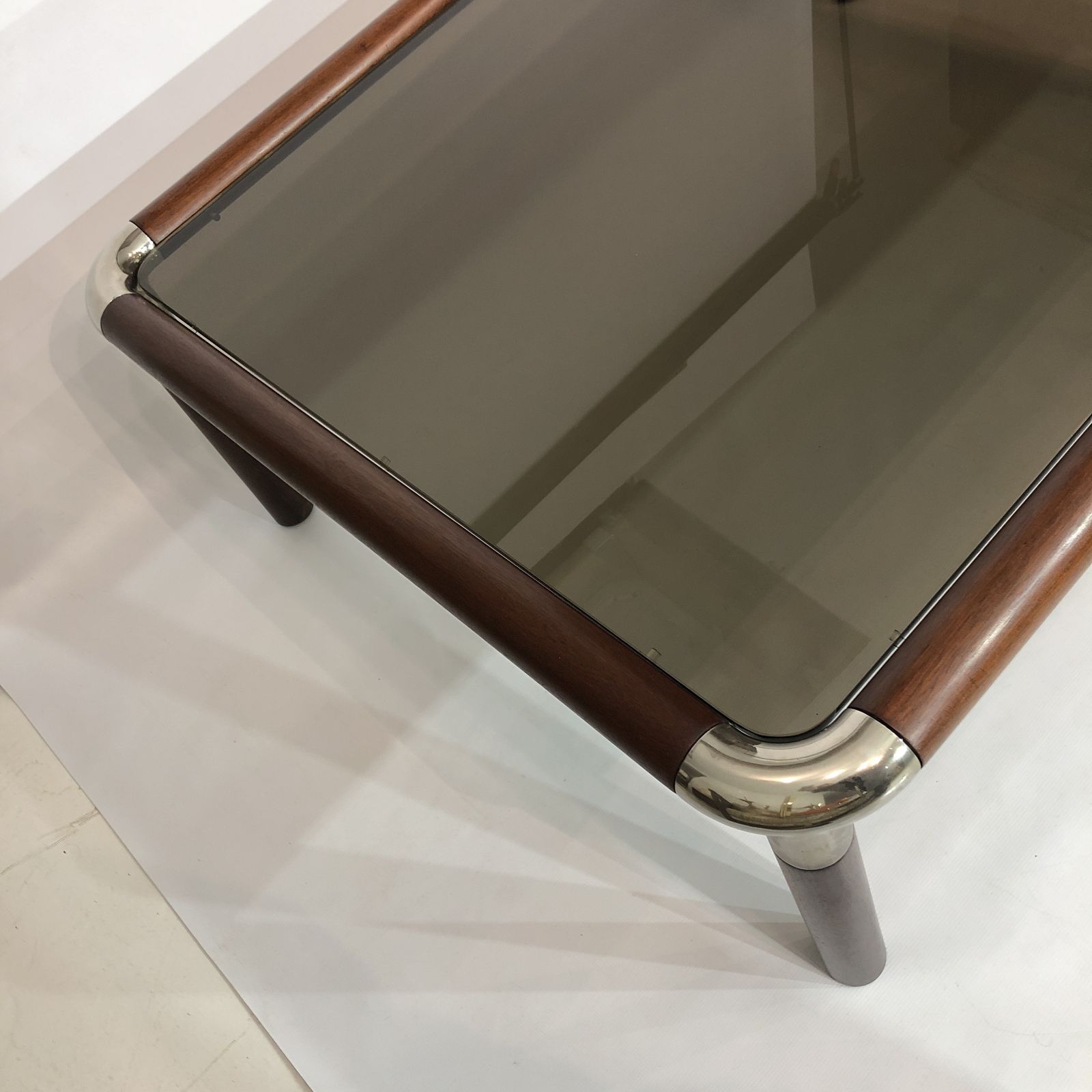 Large Mahogany Wood Chrome Coffee Table Smoked Glass Mid Century Hollywood 1970s photo buy