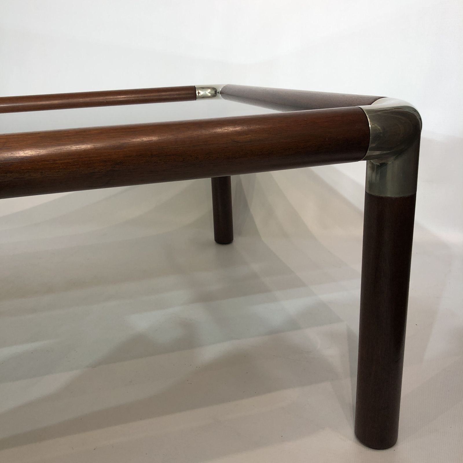 photo vintage Large Mahogany Wood Chrome Coffee Table Smoked Glass Mid Century Hollywood 1970s