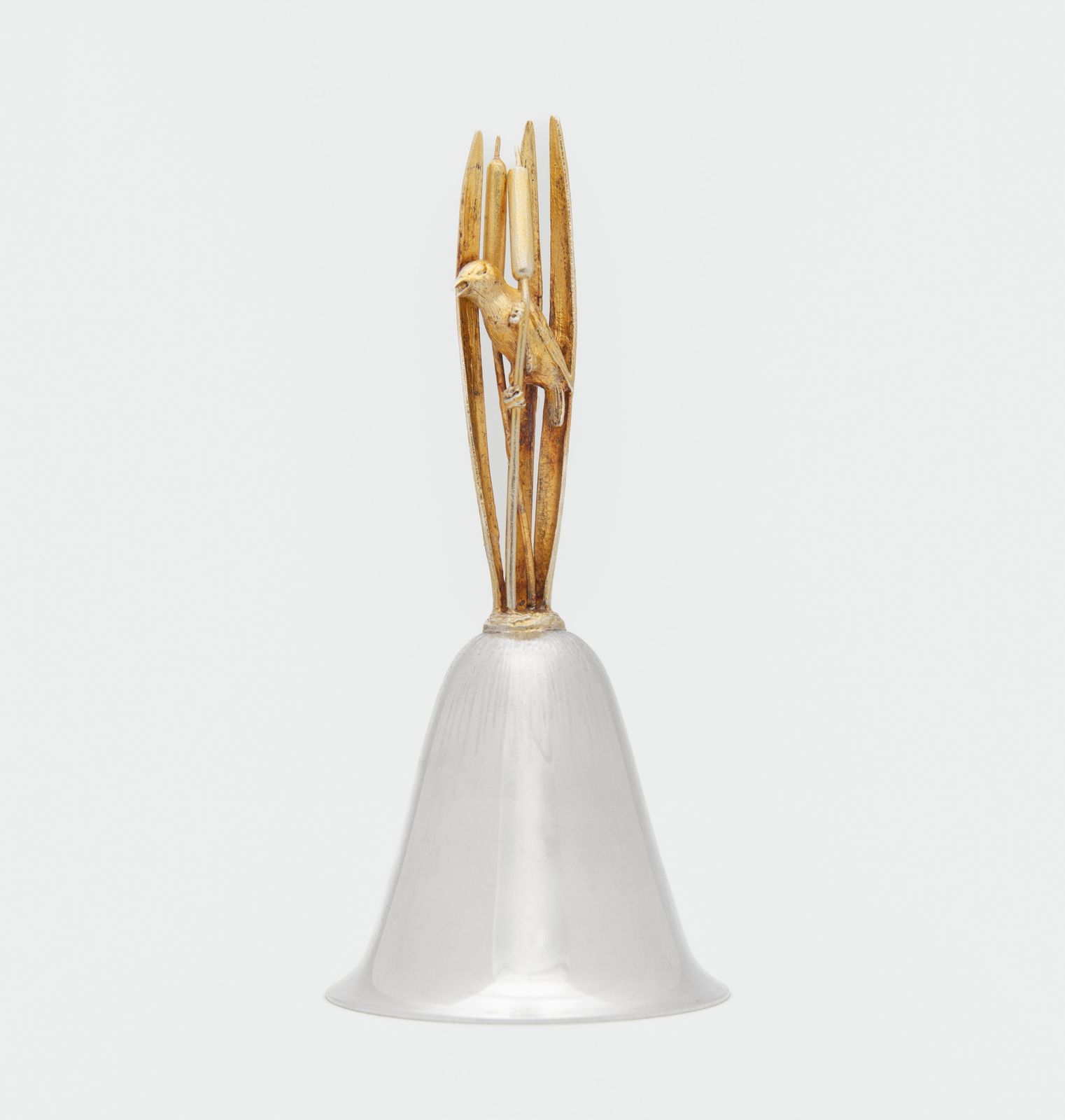 Vintage Sterling Silver & Silver Gilt Table Bell By Christopher Lawrence 1982 Warbler Bird On Bullrush