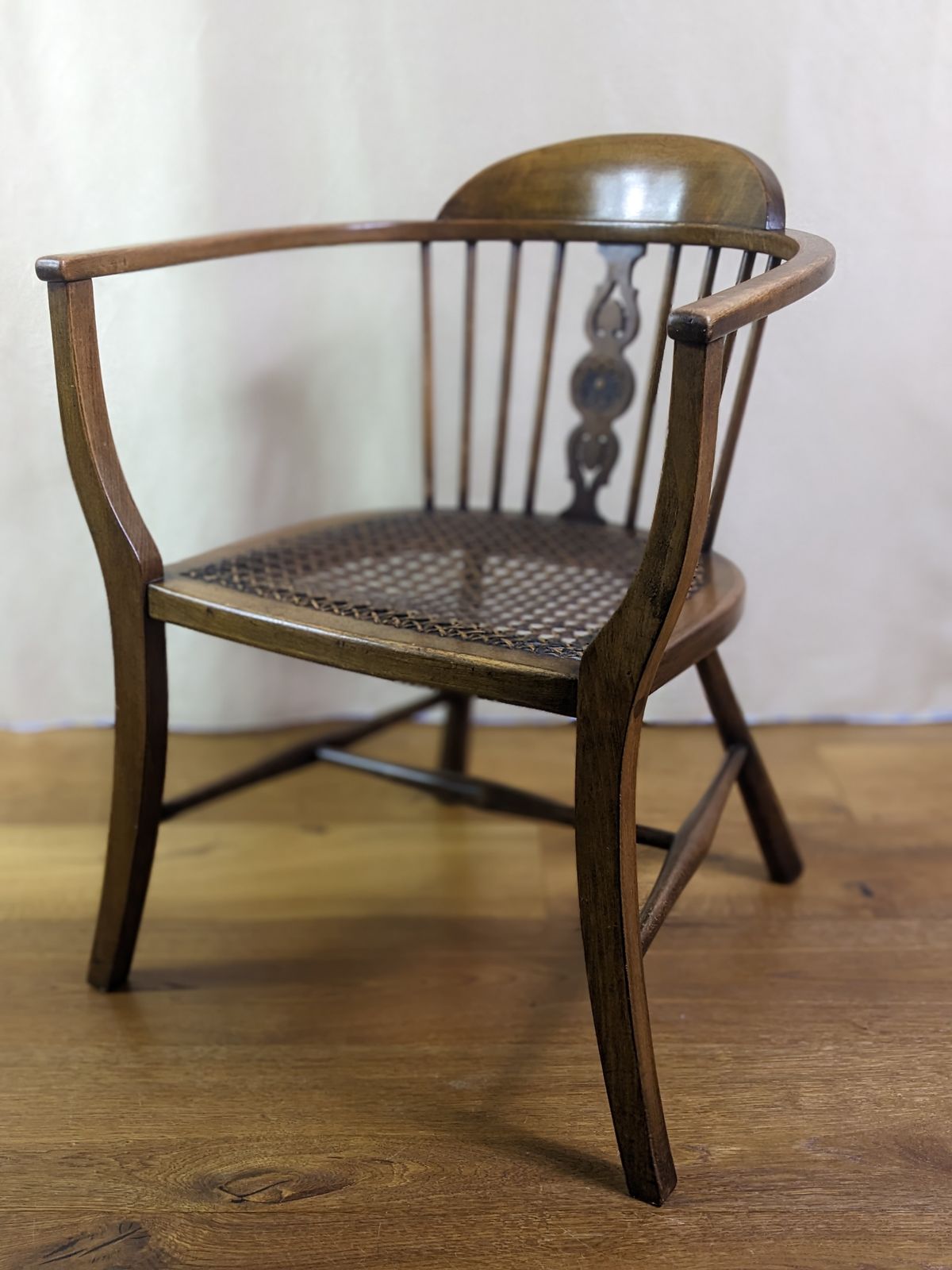 Very Pretty Victorian Rattan Cane Bergere Tub Chair From Late 19th Century With Half Spindle Back And Pierced Central Splat photo for sale