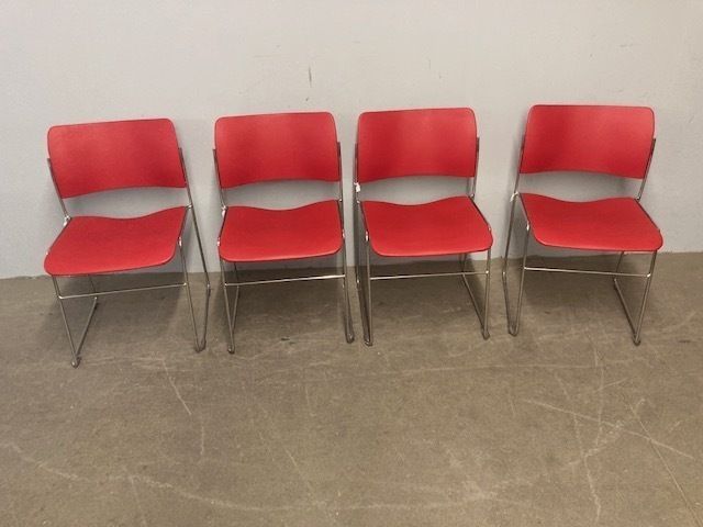 Group Of Four Design Chairs Like New David Rowland Chrome And Red Seat photo furniture