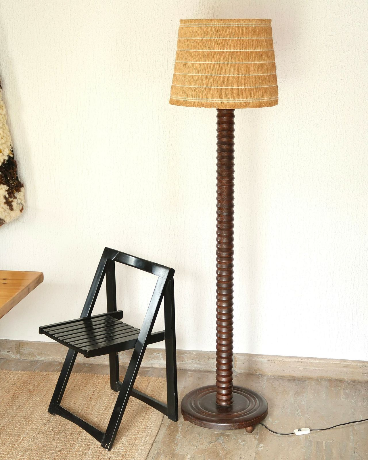 French Wooden Floor Lamp By Charles Dudouyt, Hemp Lampshade, 1940s / Column, Brancusi Style, Dark Wood, Mountain Country Furniture photo for sale