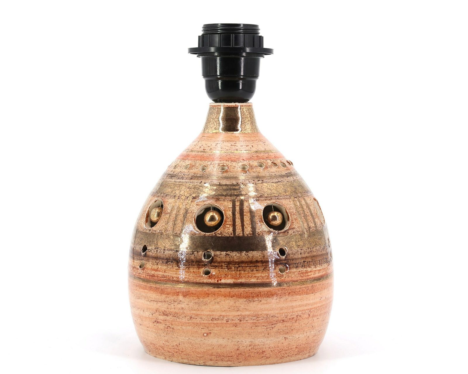 French Pale Orange And Gold Ceramic Table Lamp By Georges Pelletier, Raphia Lampshade, 1970s / Vintage, Boho Chic, Folk, Costa Riviera photo for sale