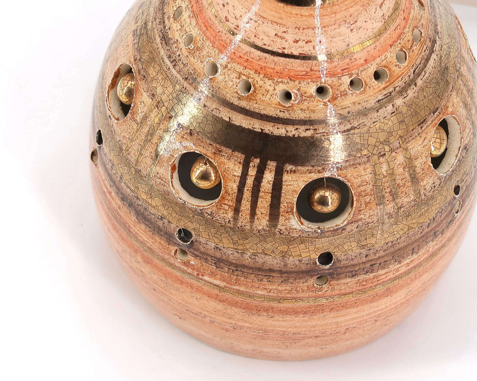 French Pale Orange And Gold Ceramic Table Lamp By Georges Pelletier, Raphia Lampshade, 1970s / Vintage, Boho Chic, Folk, Costa Riviera photo 1271.0