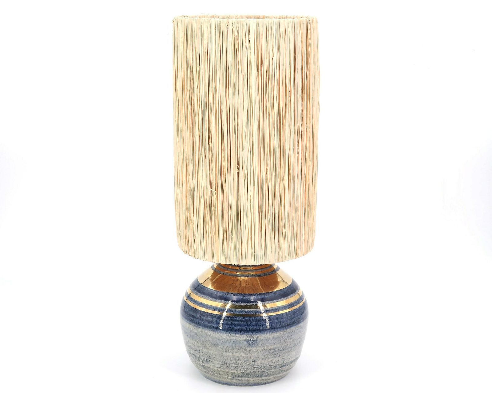 French Blue And Gold Ceramic Table Lamp By Georges Pelletier, Raphia Lampshade, 1970s / Vintage, Boho Chic, Folk, Bohemian, Costa Riviera
