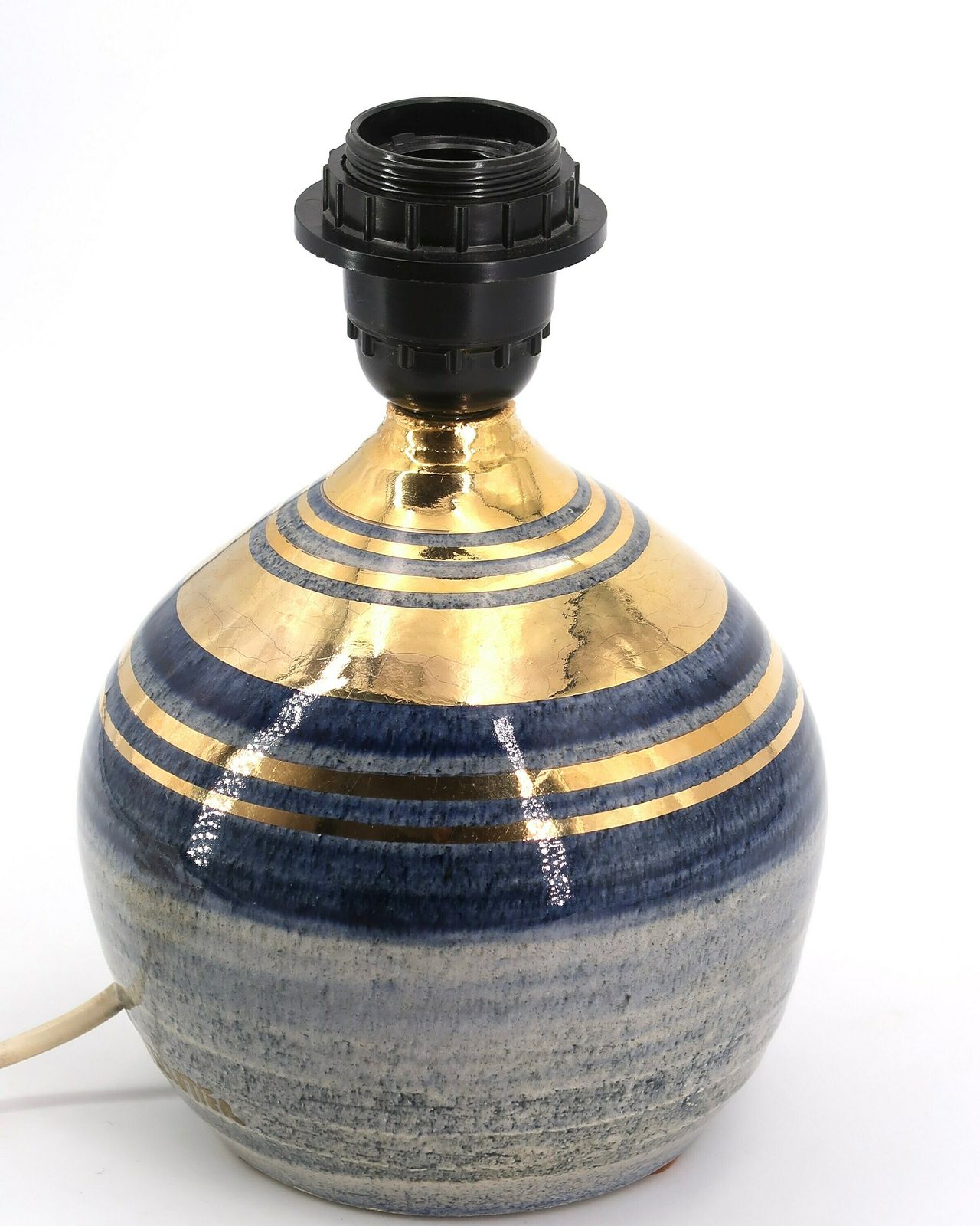 French Blue And Gold Ceramic Table Lamp By Georges Pelletier, Raphia Lampshade, 1970s / Vintage, Boho Chic, Folk, Bohemian, Costa Riviera photo 918.0