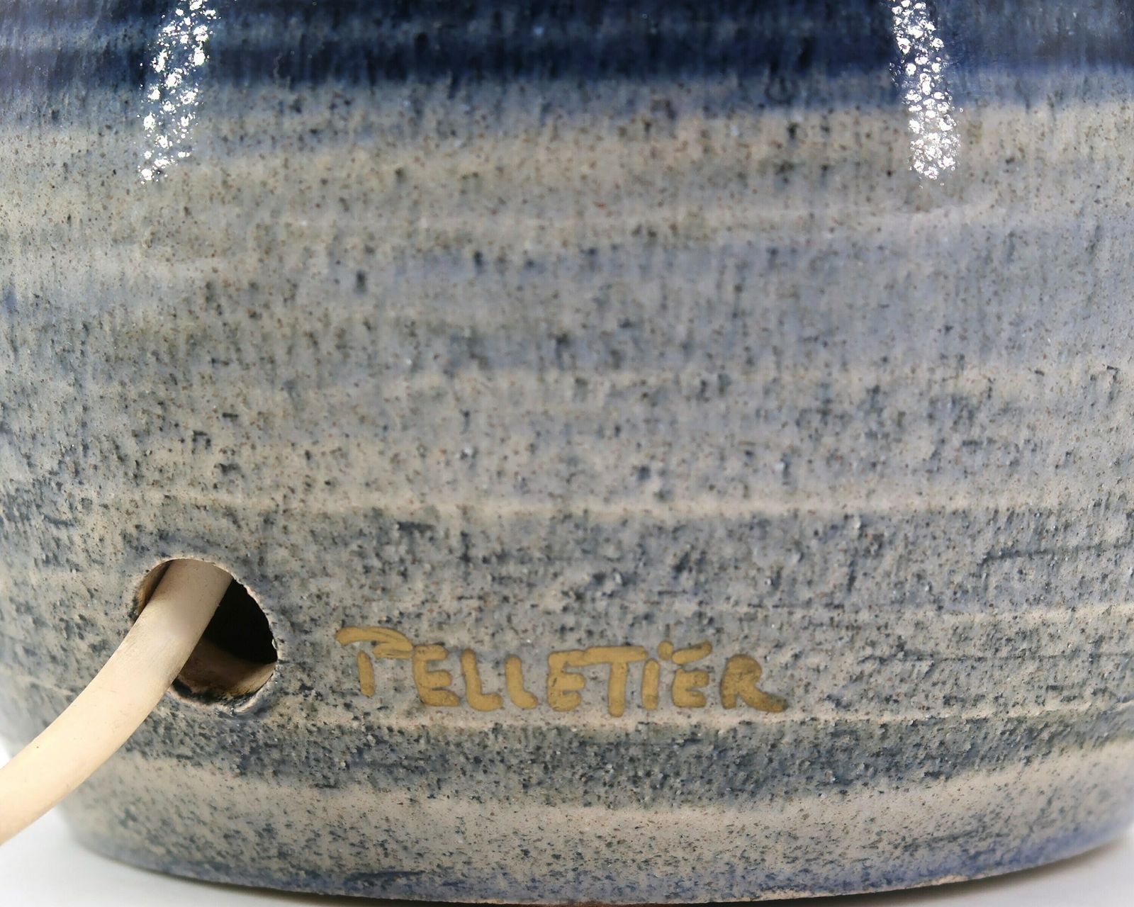 French Blue And Gold Ceramic Table Lamp By Georges Pelletier, Raphia Lampshade, 1970s / Vintage, Boho Chic, Folk, Bohemian, Costa Riviera photo vinterior