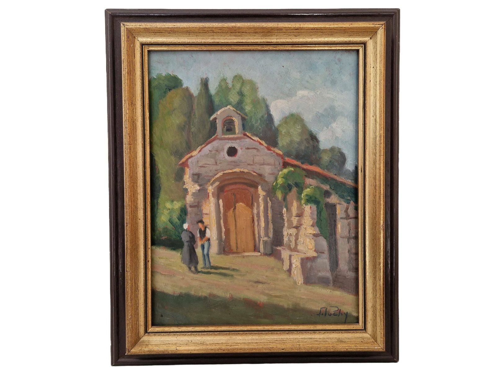 Impressionistisch schilderij van een kerk in de Provence, ingelijst rustiek Frans wanddecor