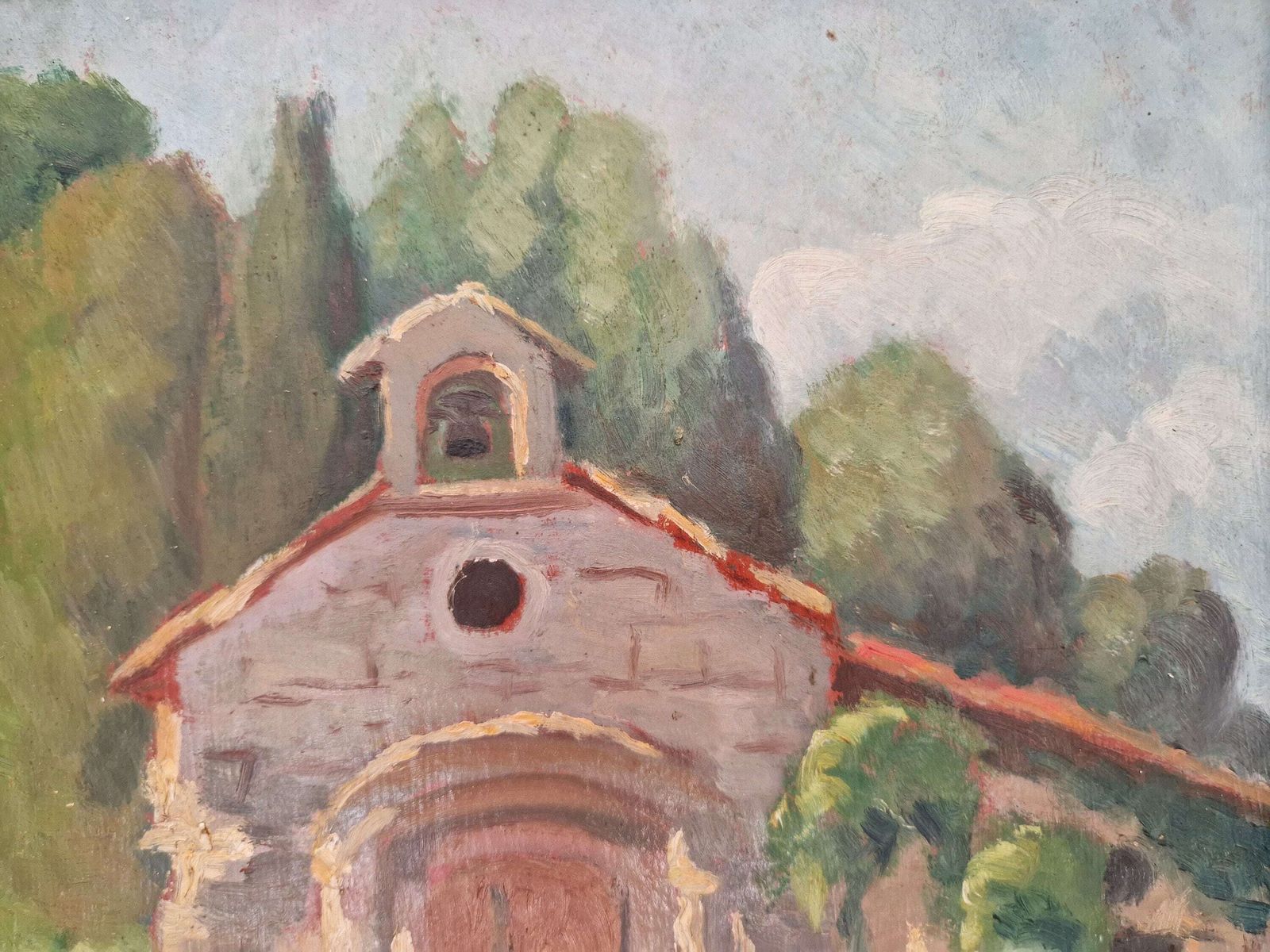 Impressionistisch schilderij van een kerk in de Provence, ingelijst rustiek Frans wanddecor photo for sale