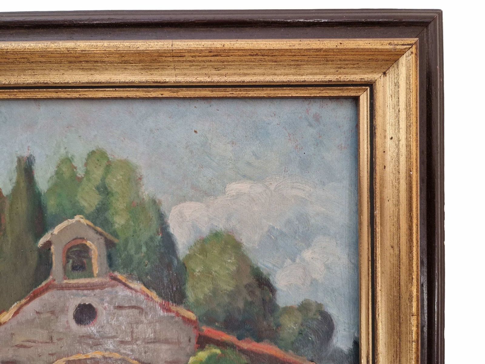 Impressionistisch schilderij van een kerk in de Provence, ingelijst rustiek Frans wanddecor photo vintage