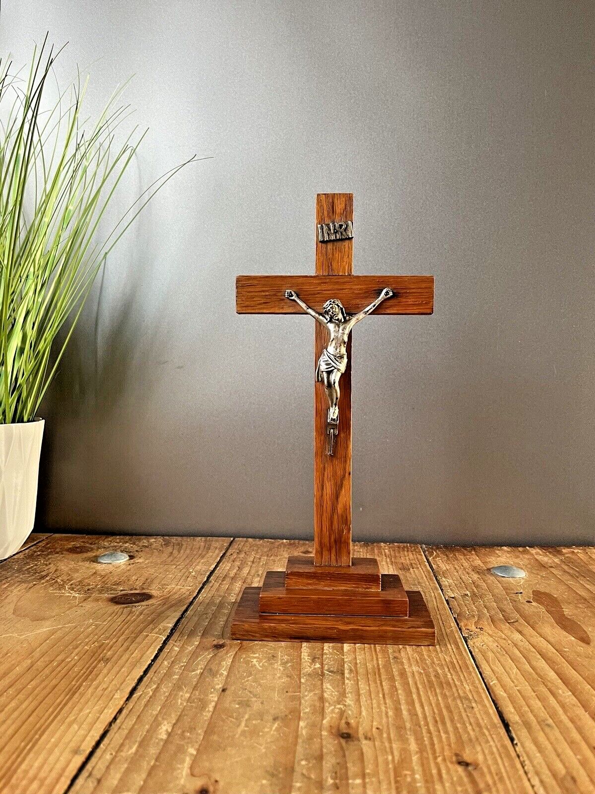 Antique Art Deco Stepped Base Freestanding Oak Altar Crucifix Church Cross Jesus photo for sale