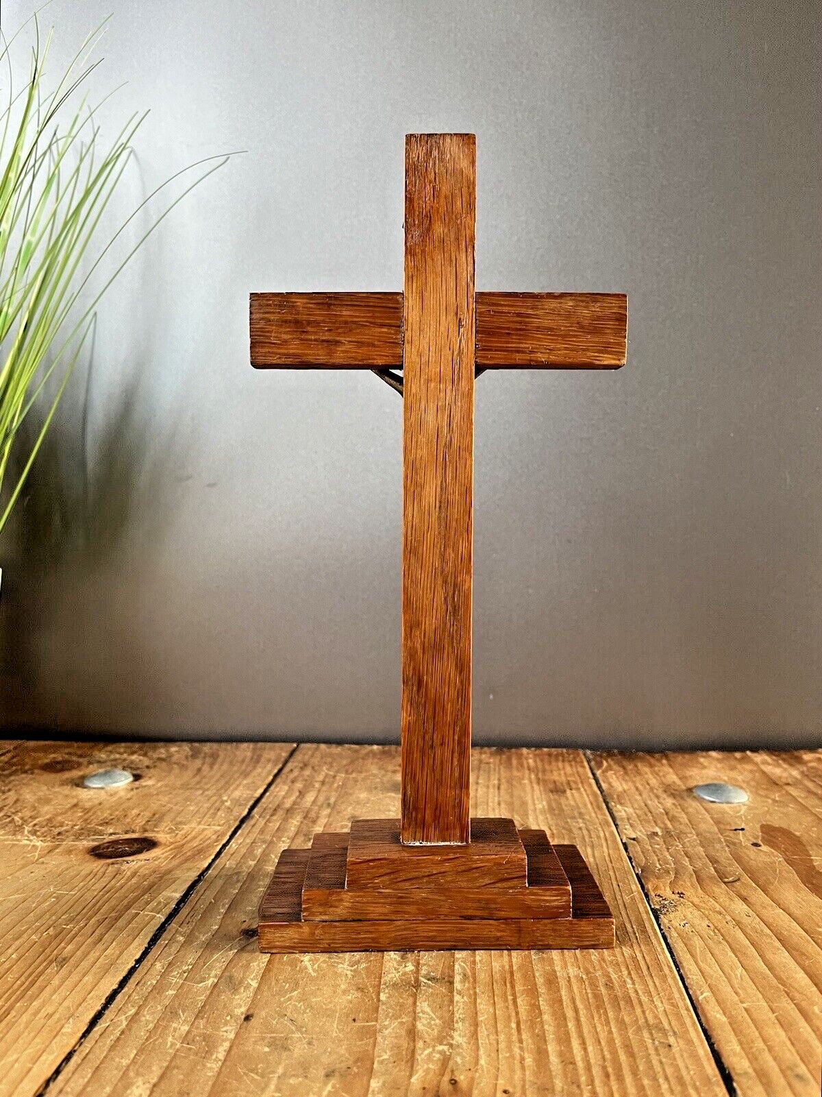 photo for sale Antique Art Deco Stepped Base Freestanding Oak Altar Crucifix Church Cross Jesus