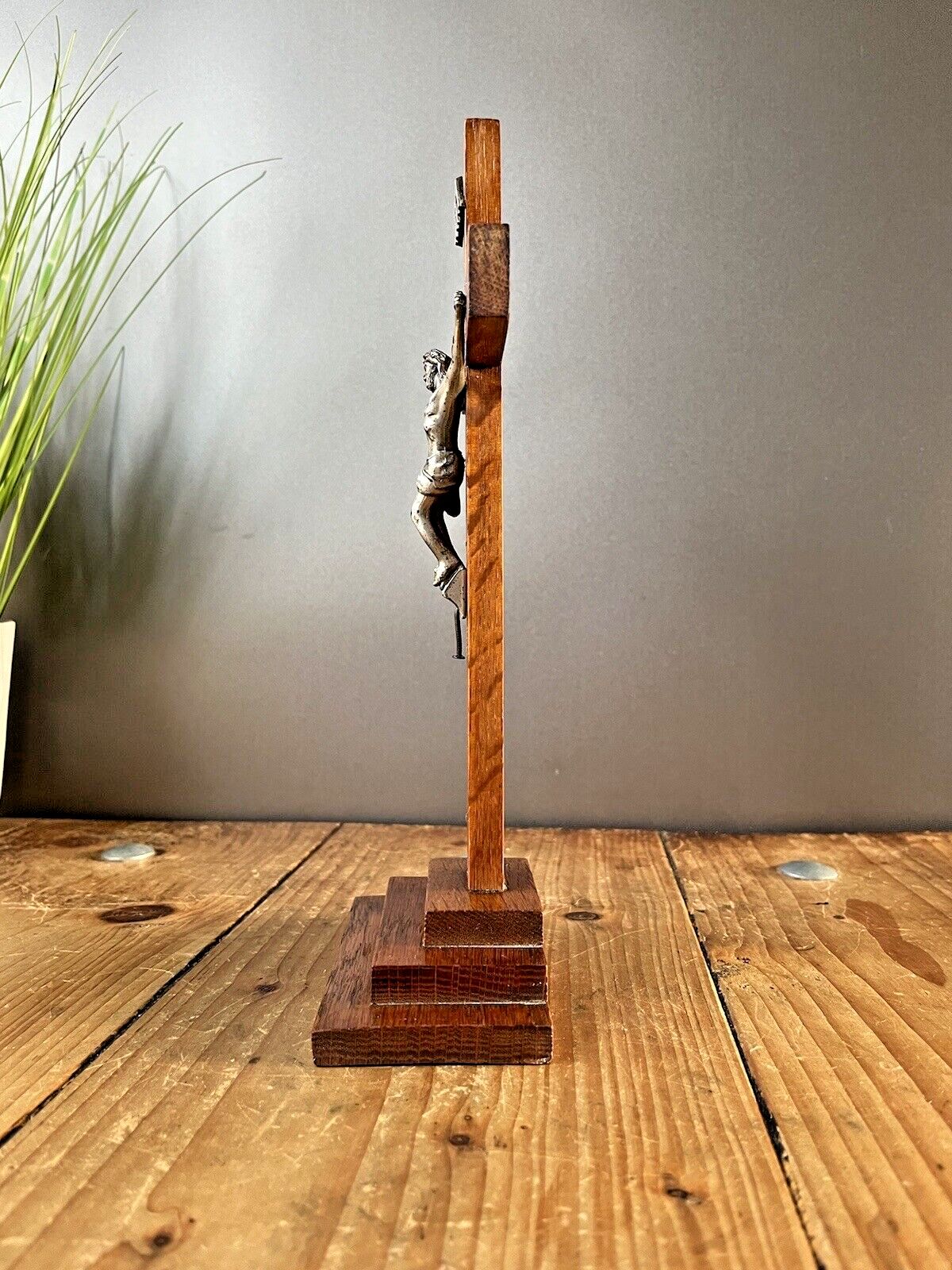 Art Antique Art Deco Stepped Base Freestanding Oak Altar Crucifix Church Cross Jesus photo
