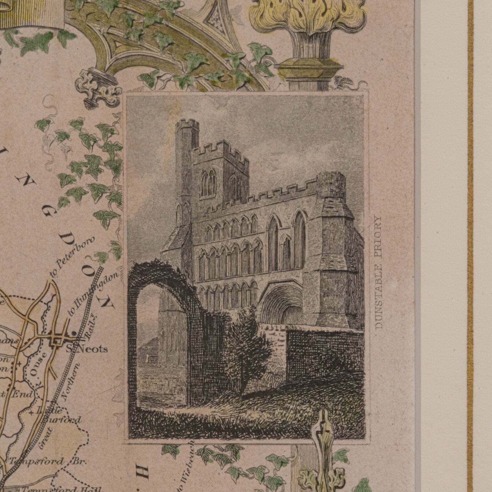 Antique Lithography Map, Bedfordshire, English, Framed Engraving, Cartography photo vintage