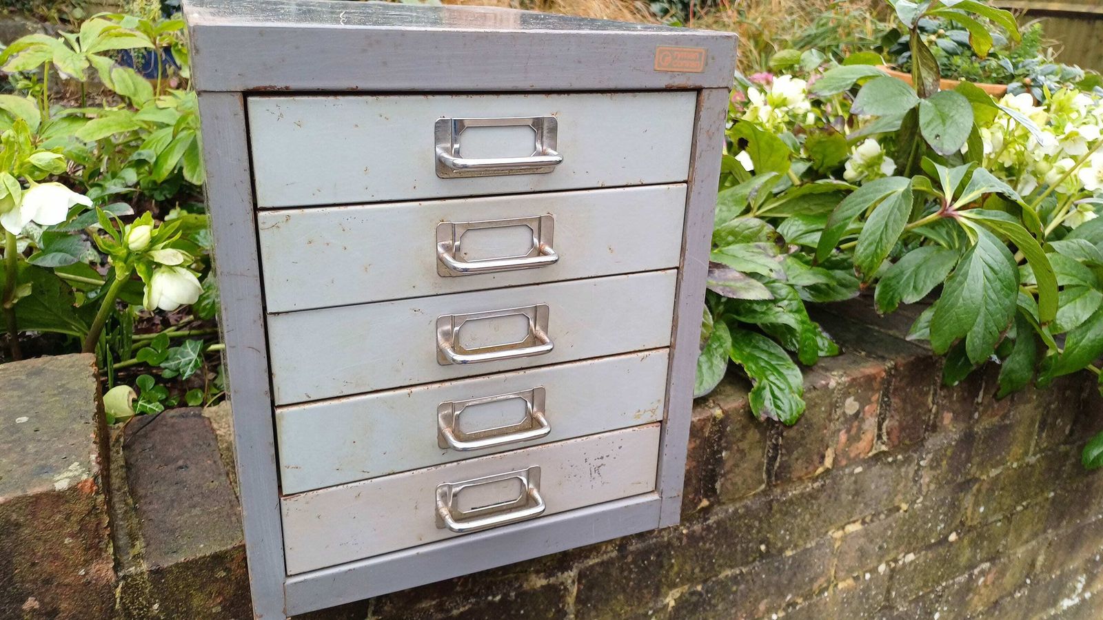Retro Vintage Flight Of Metal Drawers Storage Tools Artisan Desk Surface. photo 145.0