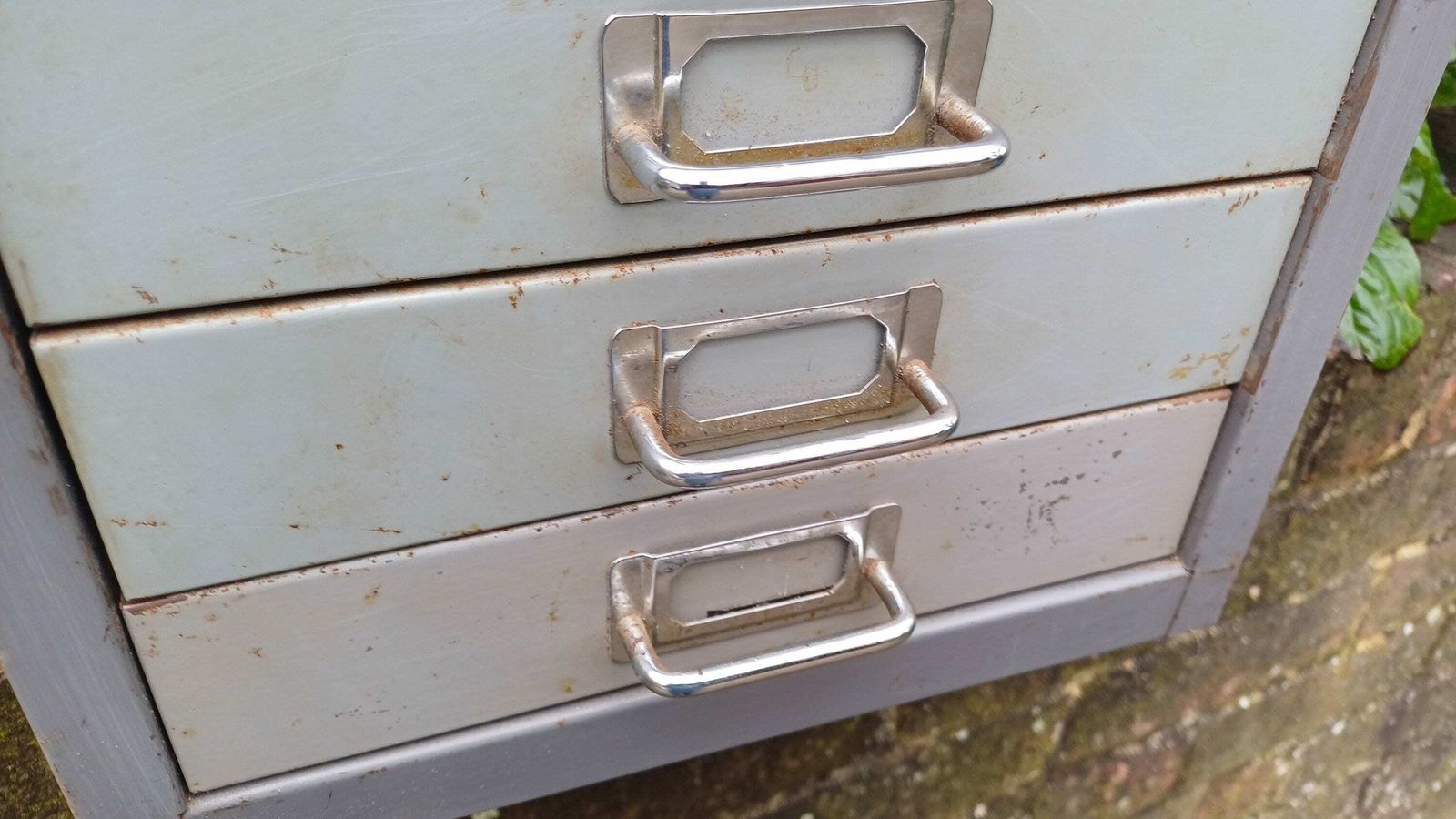 Retro Vintage Flight Of Metal Drawers Storage Tools Artisan Desk Surface. photo vintage