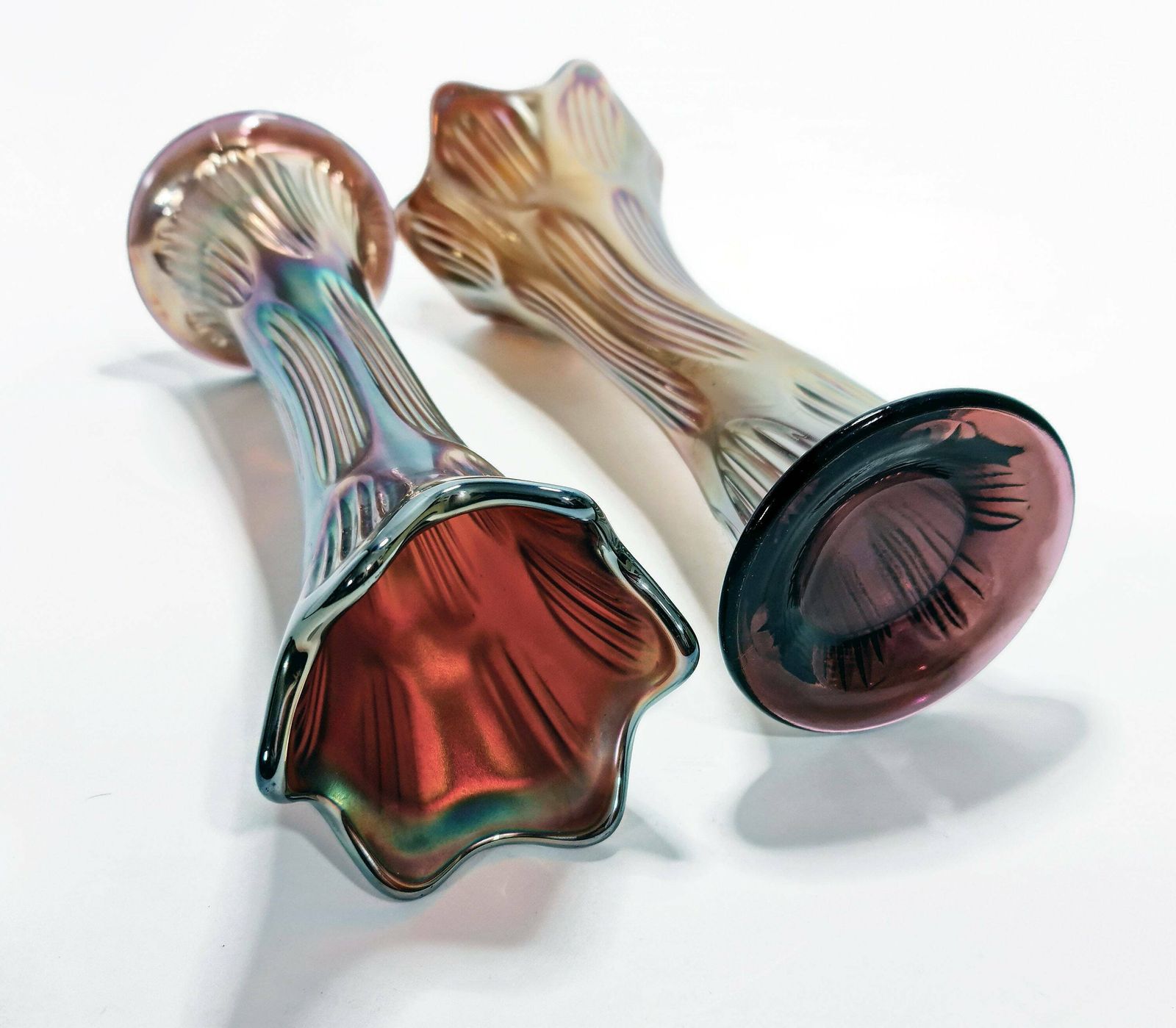 Pair Of Diamond & Rib Amethyst Glass Carnival (Swung) Vases. photo furniture
