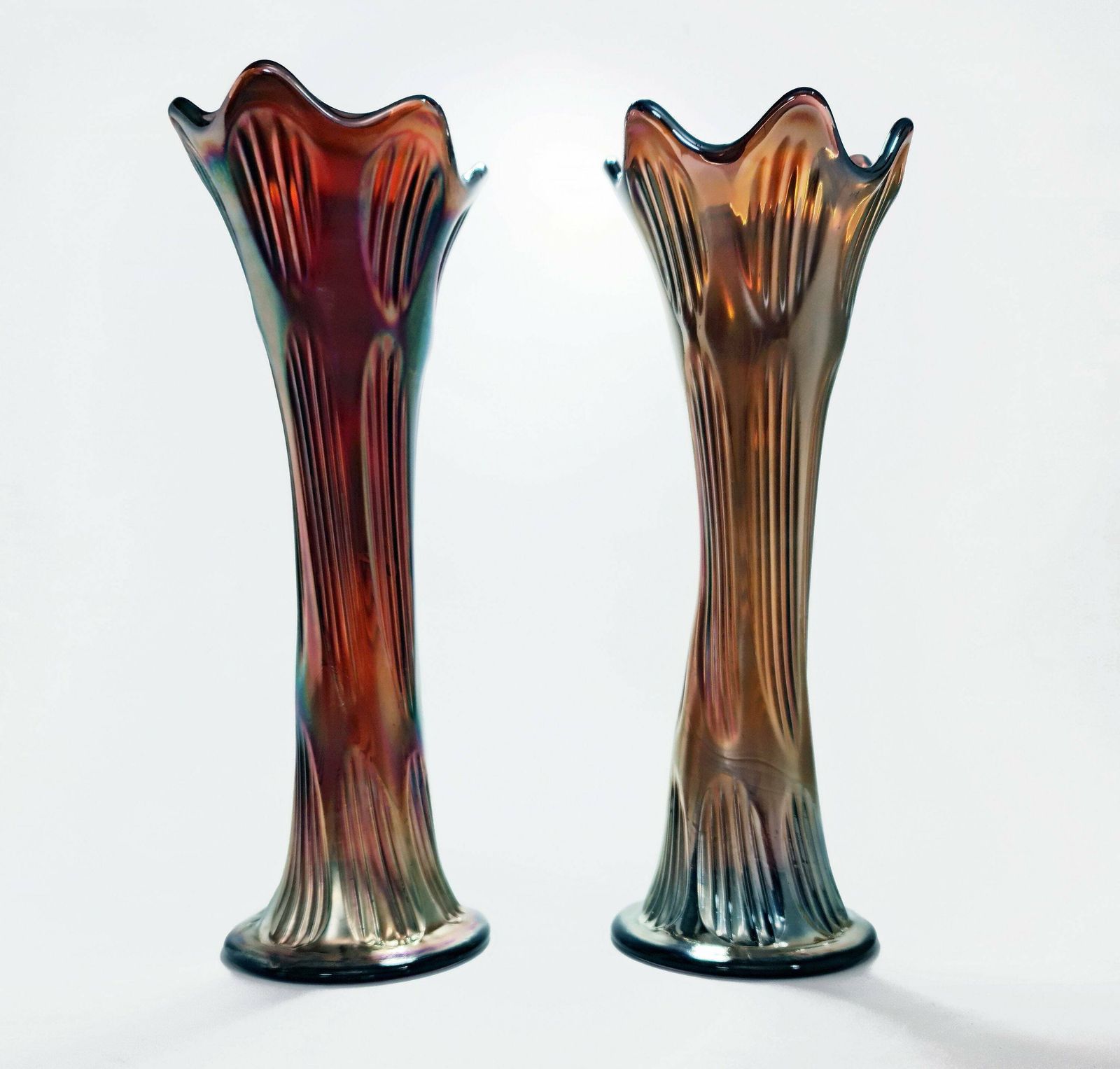 Pair Of Diamond & Rib Amethyst Glass Carnival (Swung) Vases. photo 75.0