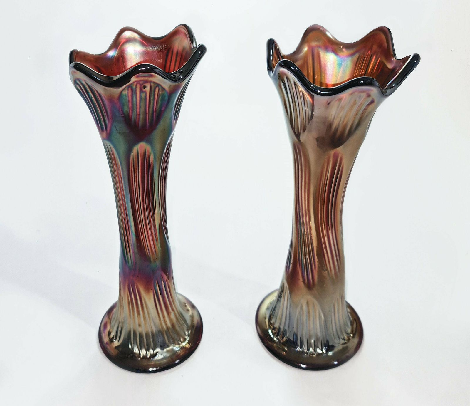 Pair Of Diamond & Rib Amethyst Glass Carnival (Swung) Vases. photo vinterior