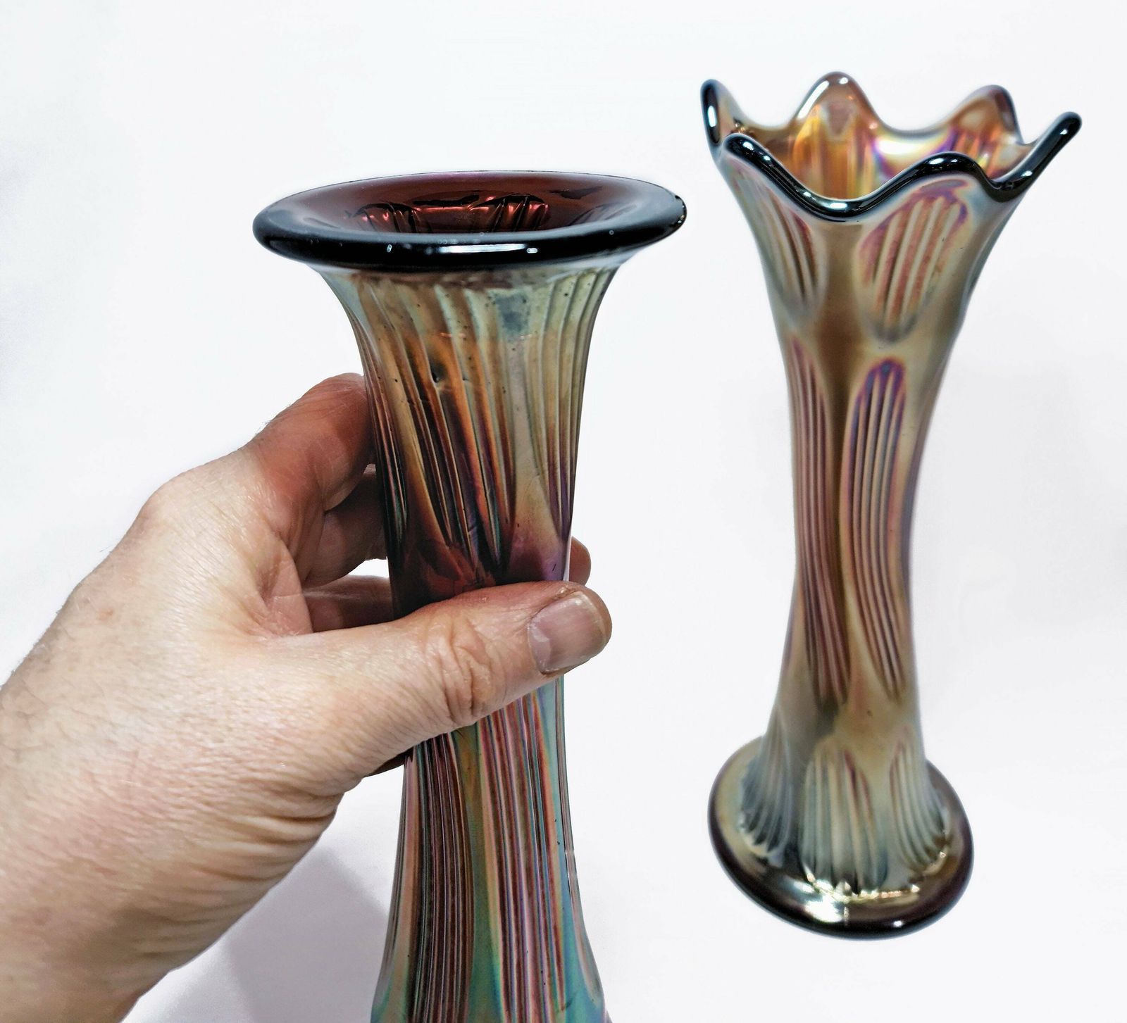 Pair Of Diamond & Rib Amethyst Glass Carnival (Swung) Vases. photo vintage