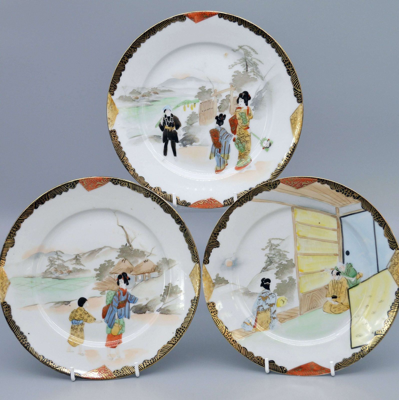 X3 Japanese Taisho Period Yokohama Plates 横浜焼 | Kutani | Japanese Ceramics | Japanese Plates
