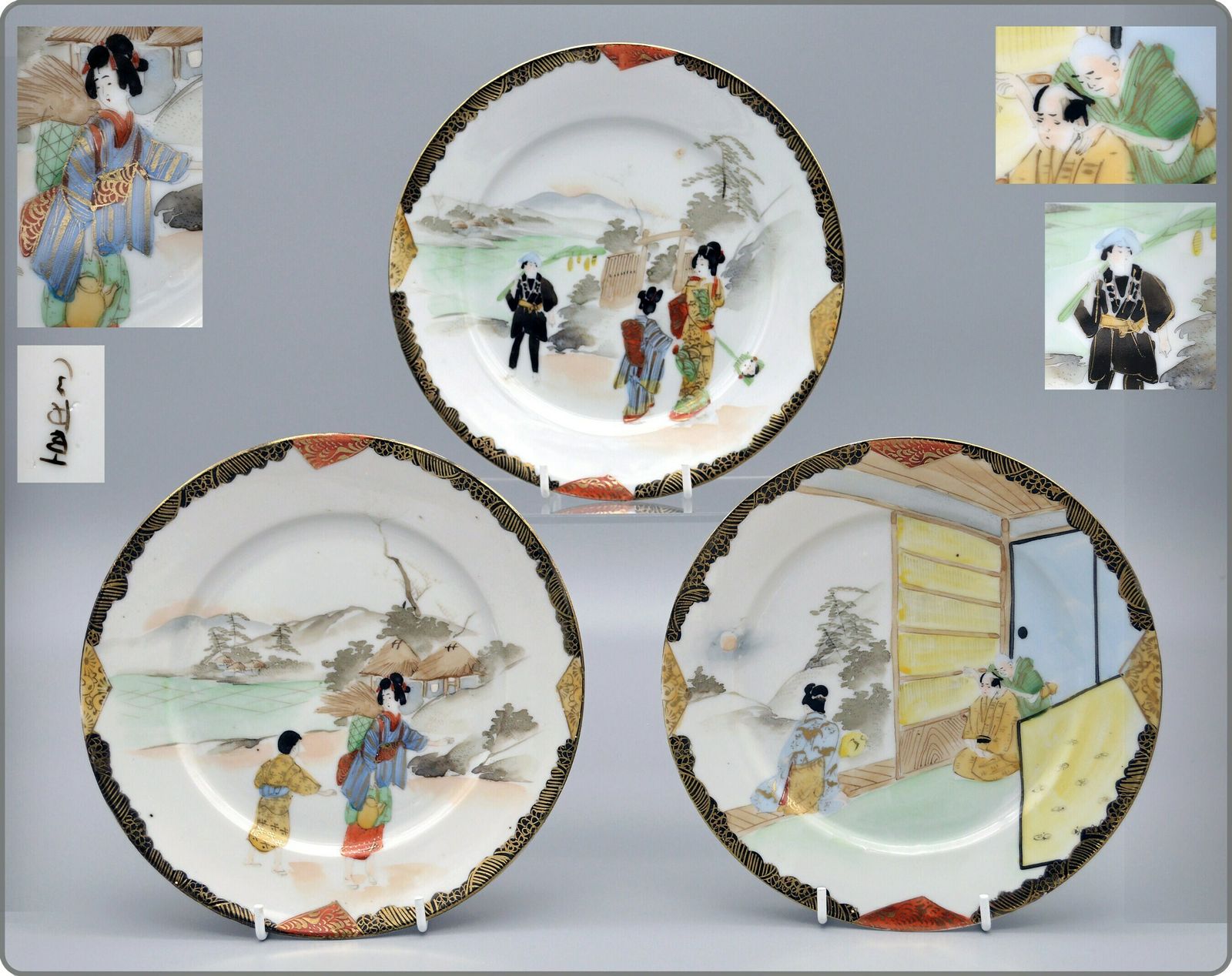 X3 Japanese Taisho Period Yokohama Plates 横浜焼 | Kutani | Japanese Ceramics | Japanese Plates photo furniture