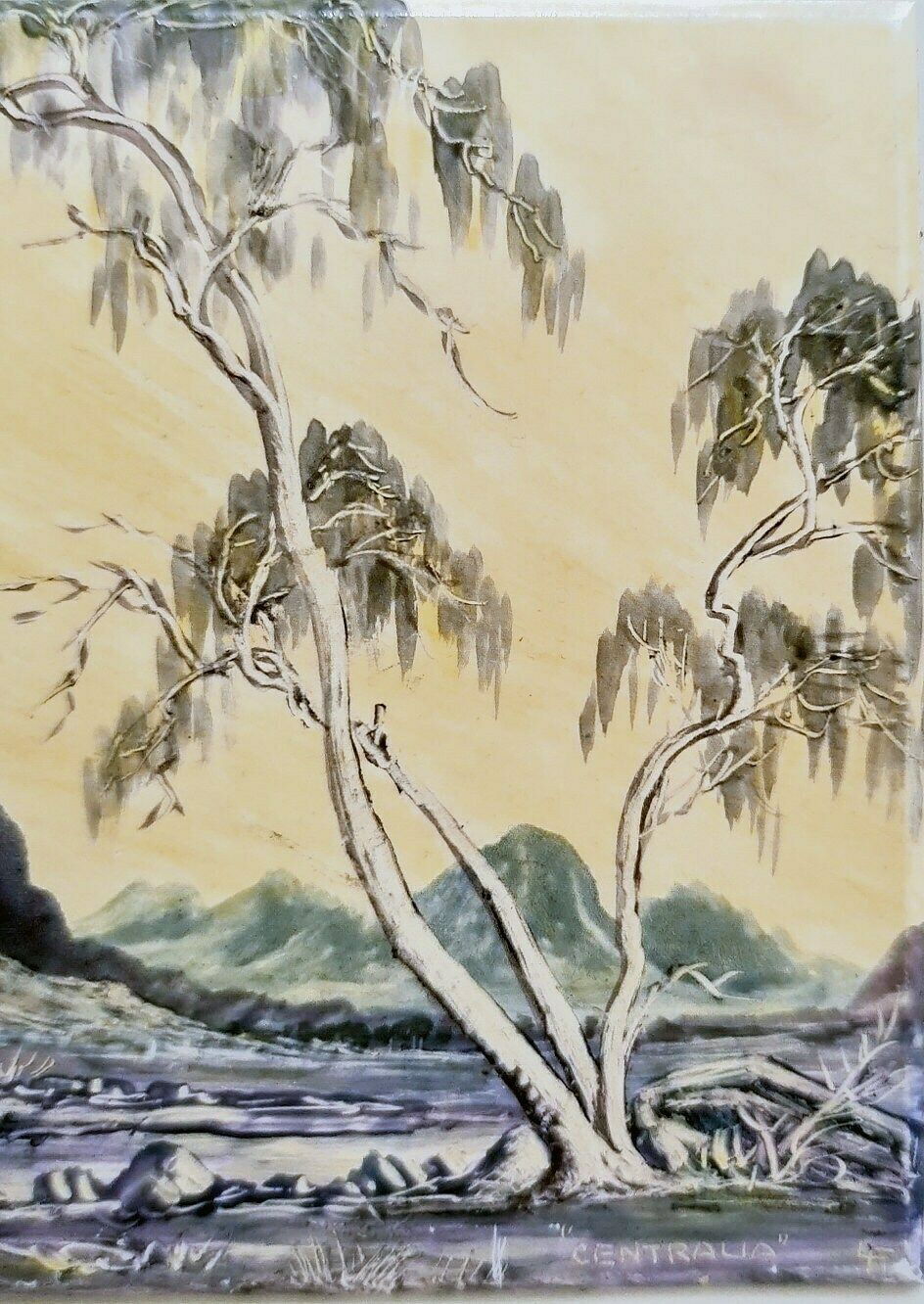 Mid 20th Century, Central Australia Landscape Painting In Oil On Bakelite Mounted On Ceramic Tile photo buy