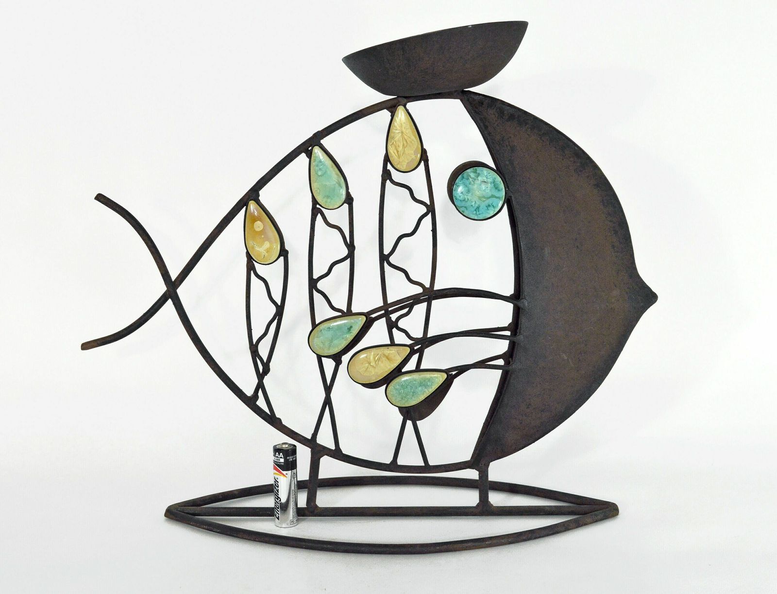Fish Candleholder Sculpture   Mid Century Modern Atomic Style Metal & Enamel