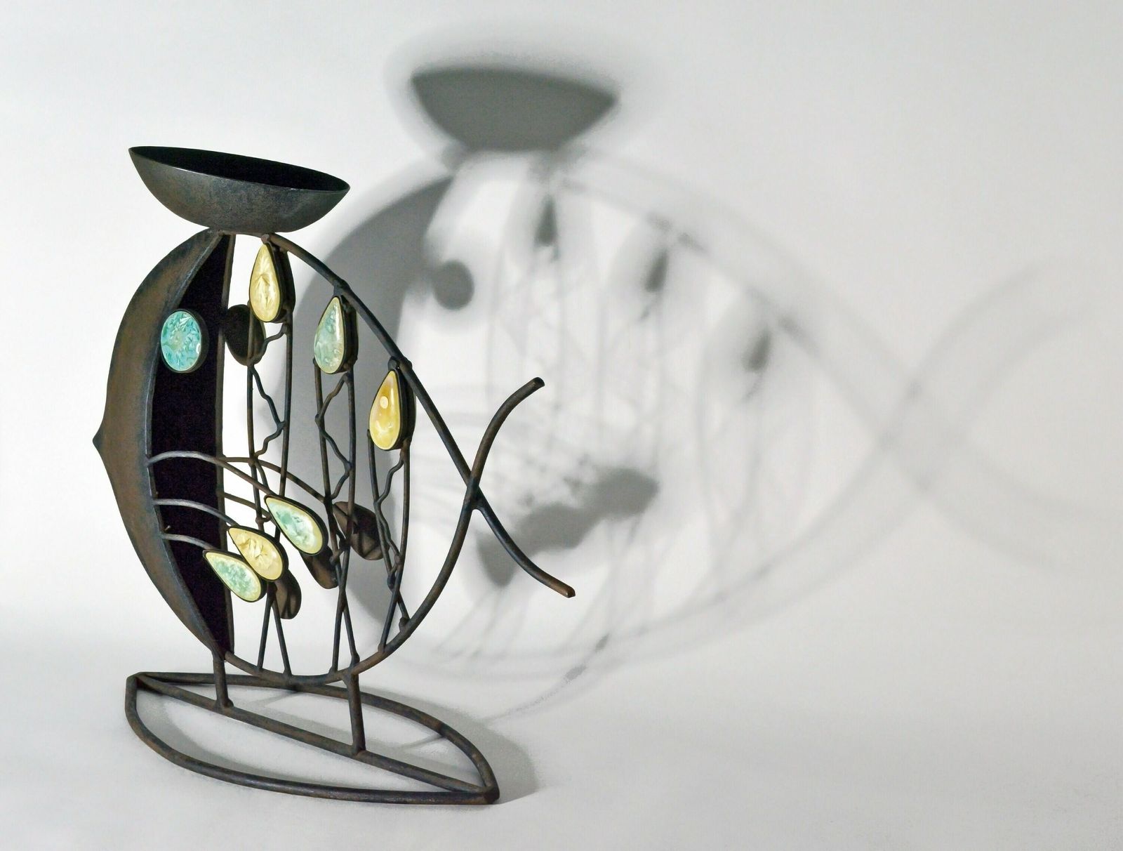 Fish Candleholder Sculpture   Mid Century Modern Atomic Style Metal & Enamel photo 157.0