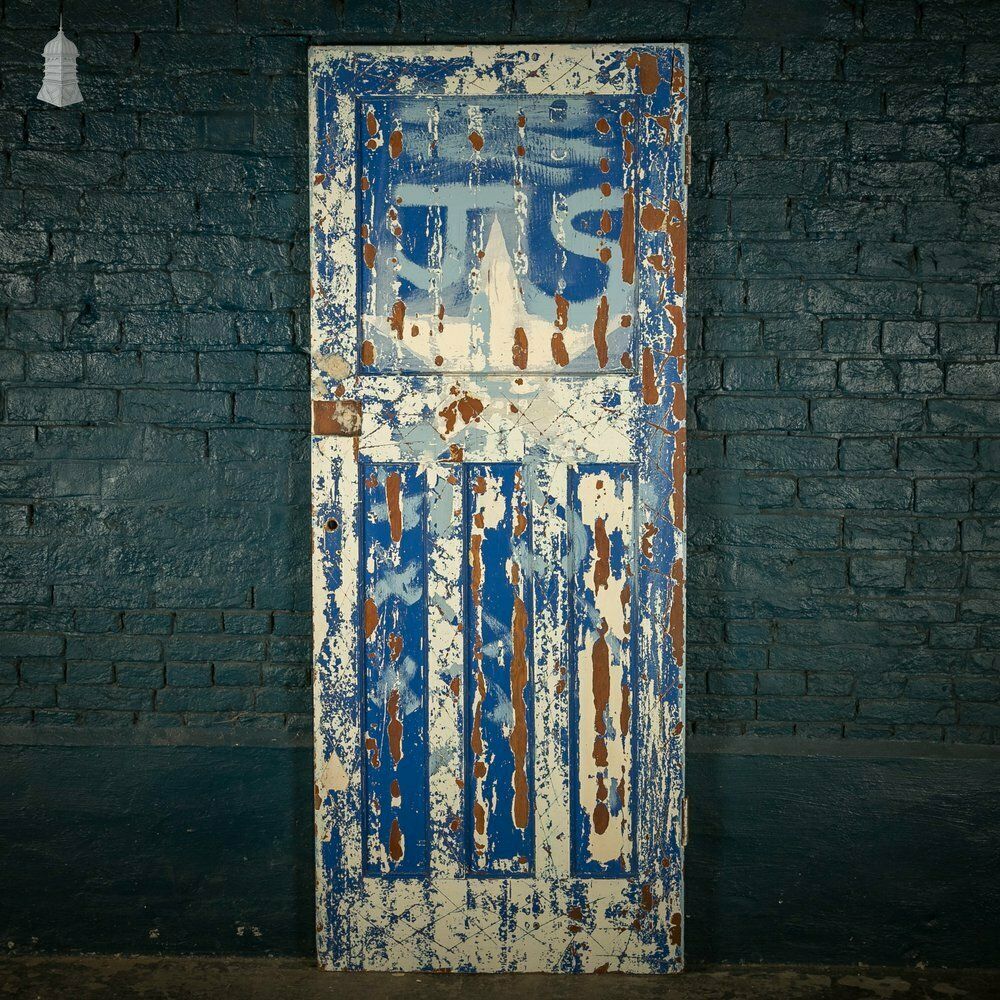 Pine Panelled Door, Moulded 4 Panel, Blue Distressed Paint Finish