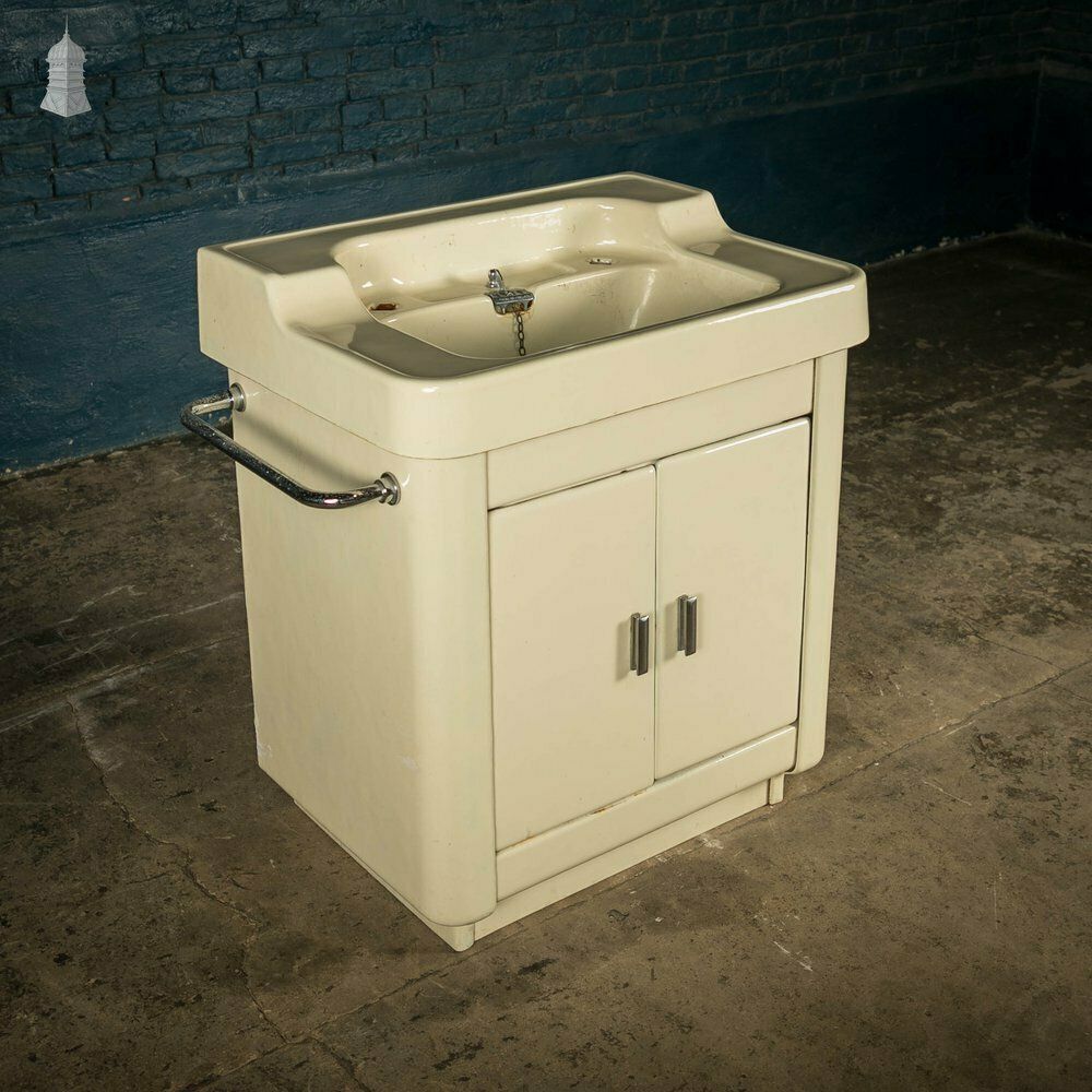 Enamelled Hand Basin, Cast Iron Mid Century Wash Hand Basin On Cupboard Base