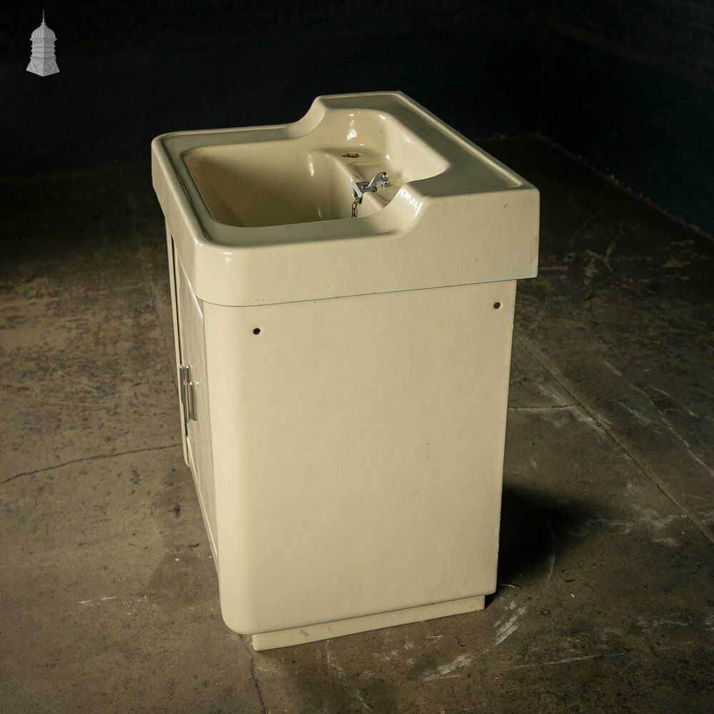 Enamelled Hand Basin, Cast Iron Mid Century Wash Hand Basin On Cupboard Base photo vintage