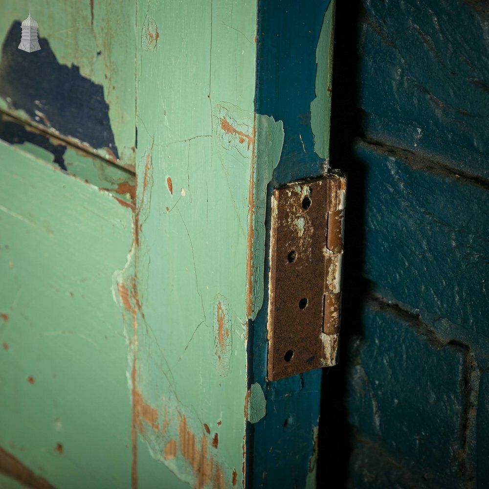 Pitch Pine Panelled Doors, Pair Of 4 Panel Doors With Green Distressed Paint Finish photo Home Fixtures