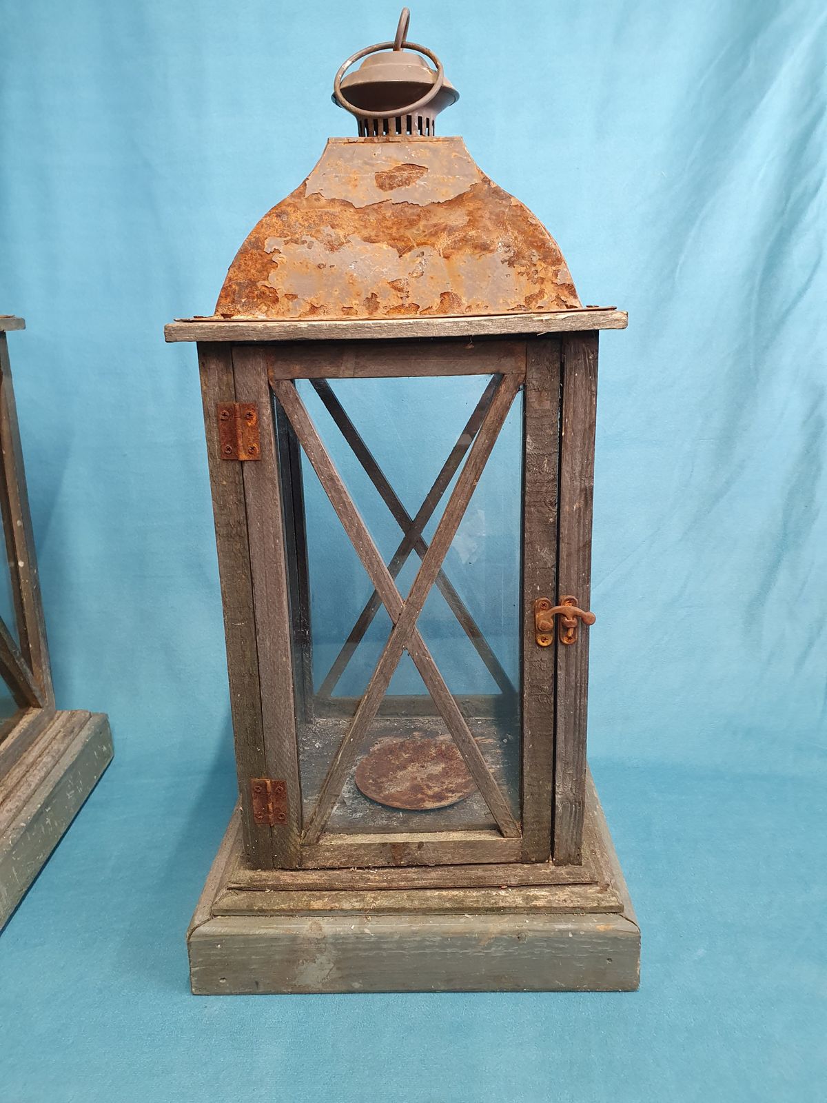 Pair Of Large Outside Candleholders In Wood And Metal photo for sale