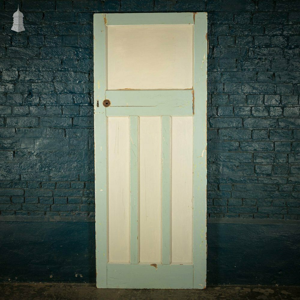 Pine Panelled Door, Green Painted, 1 Over 3 Panel 1930’s Style Door