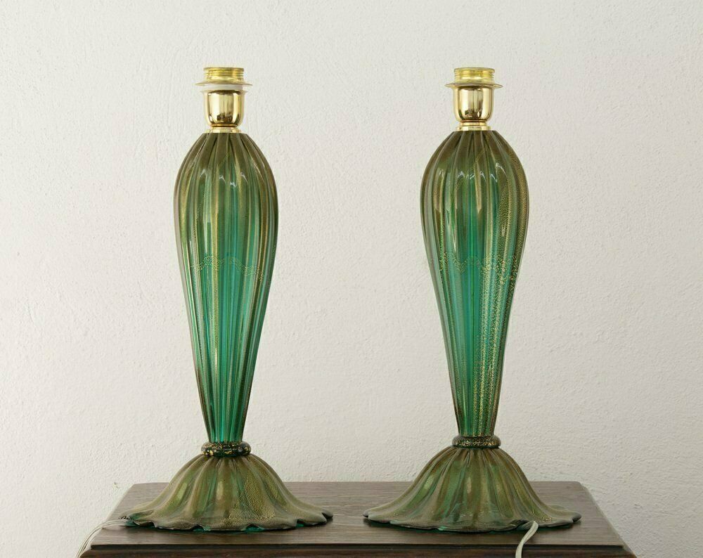 Italian Blown Glass Table Lamps With Gold Leaf Decorations, 1980s, Set Of 2 photo for sale