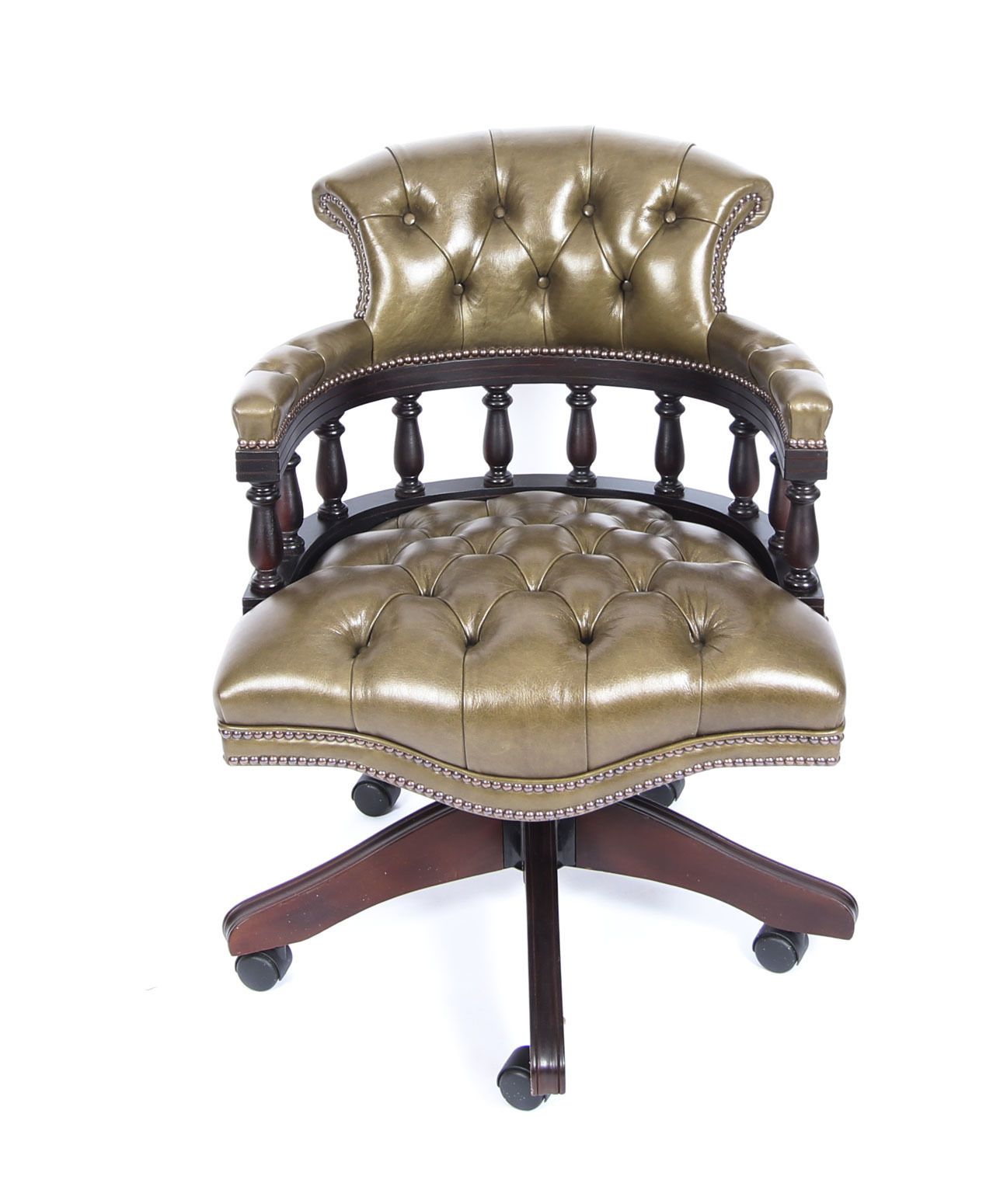 Bespoke English Hand Made Leather Captains Desk Chair Olive Green photo for sale