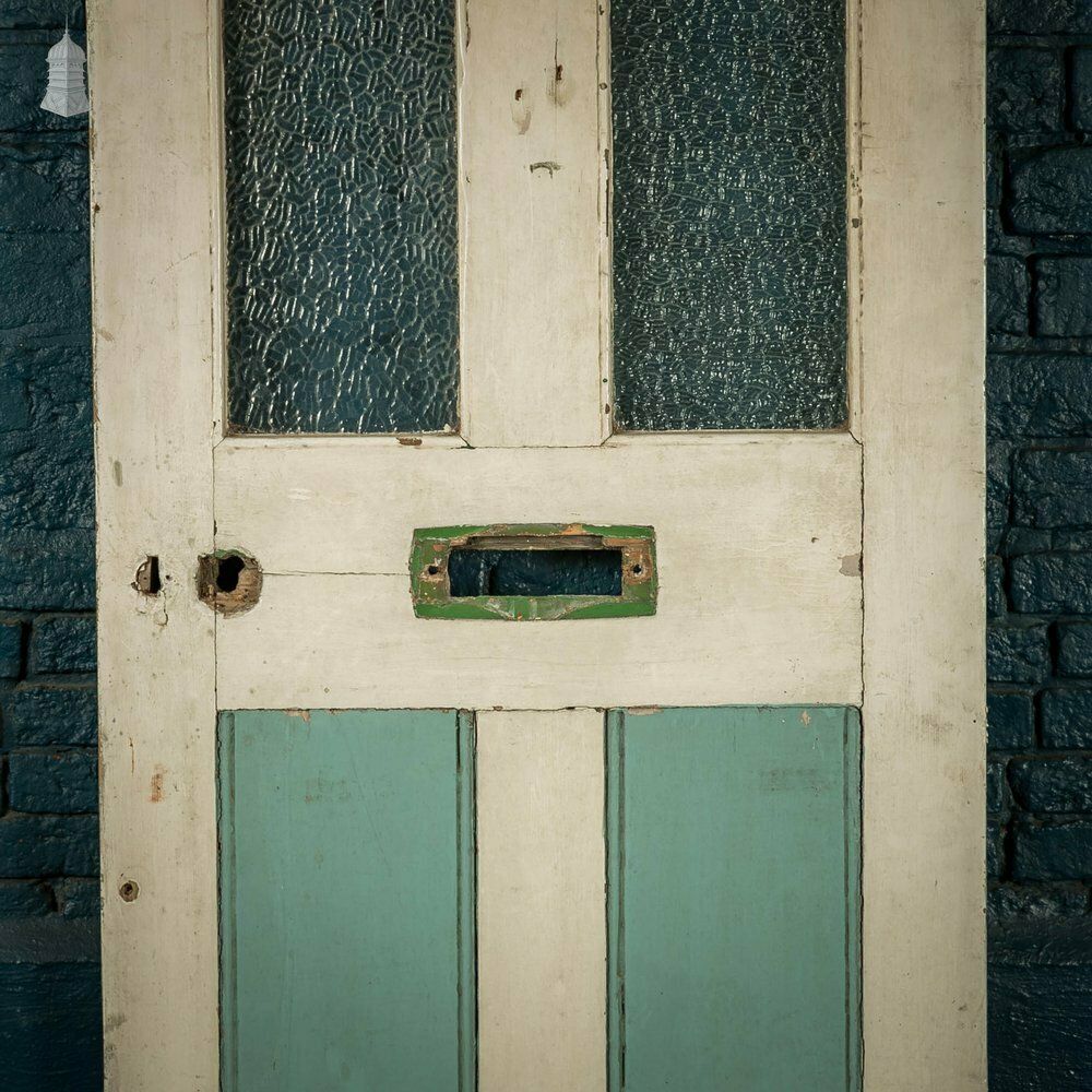 Half Glazed Door, White And Green Painted Pine Fitted With 'Arctic' Style Textured Glass photo for sale