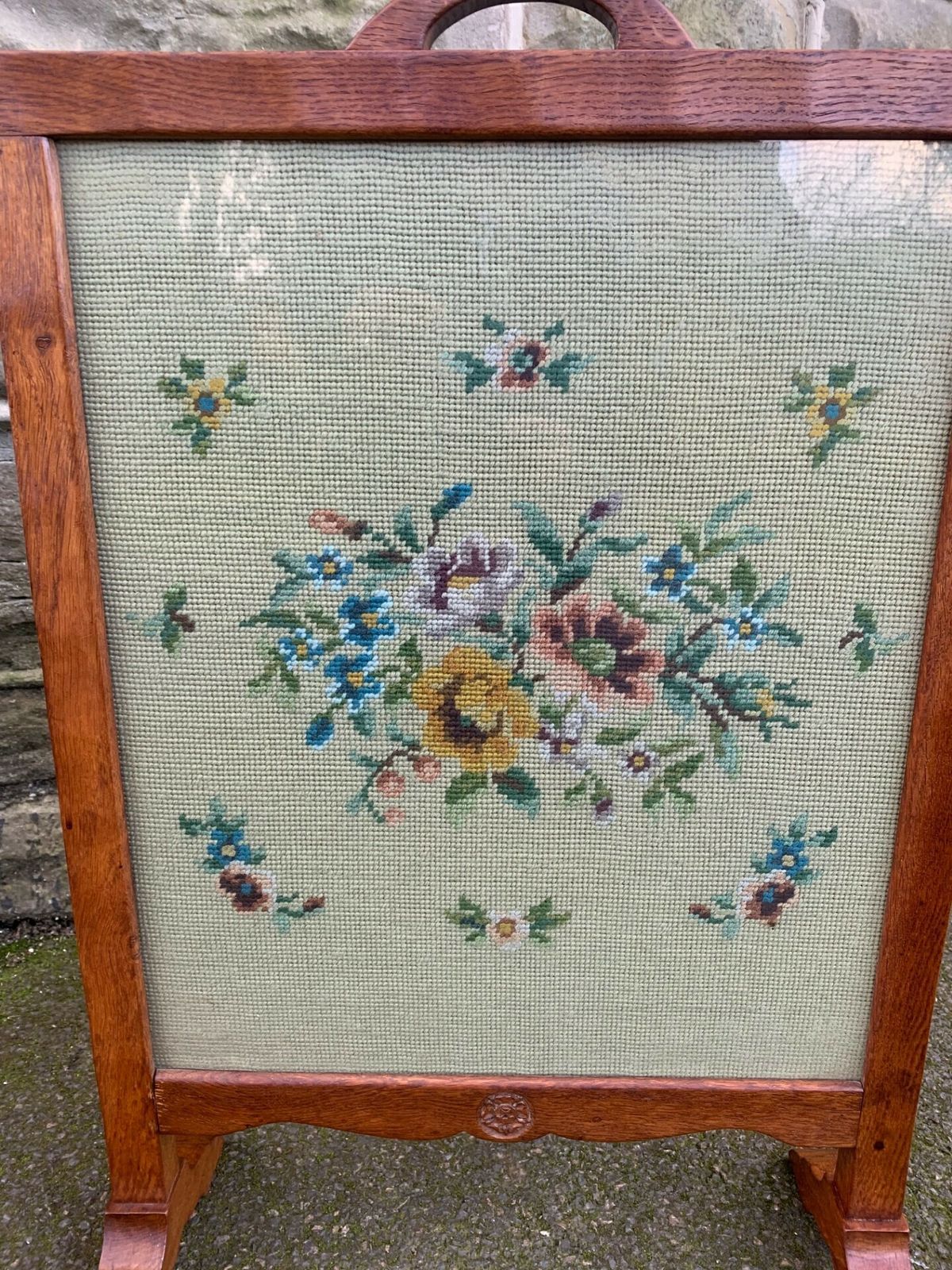 Antique Mouseman Style Adzed Oak & Tapestry Fire Screen photo Home Fixtures