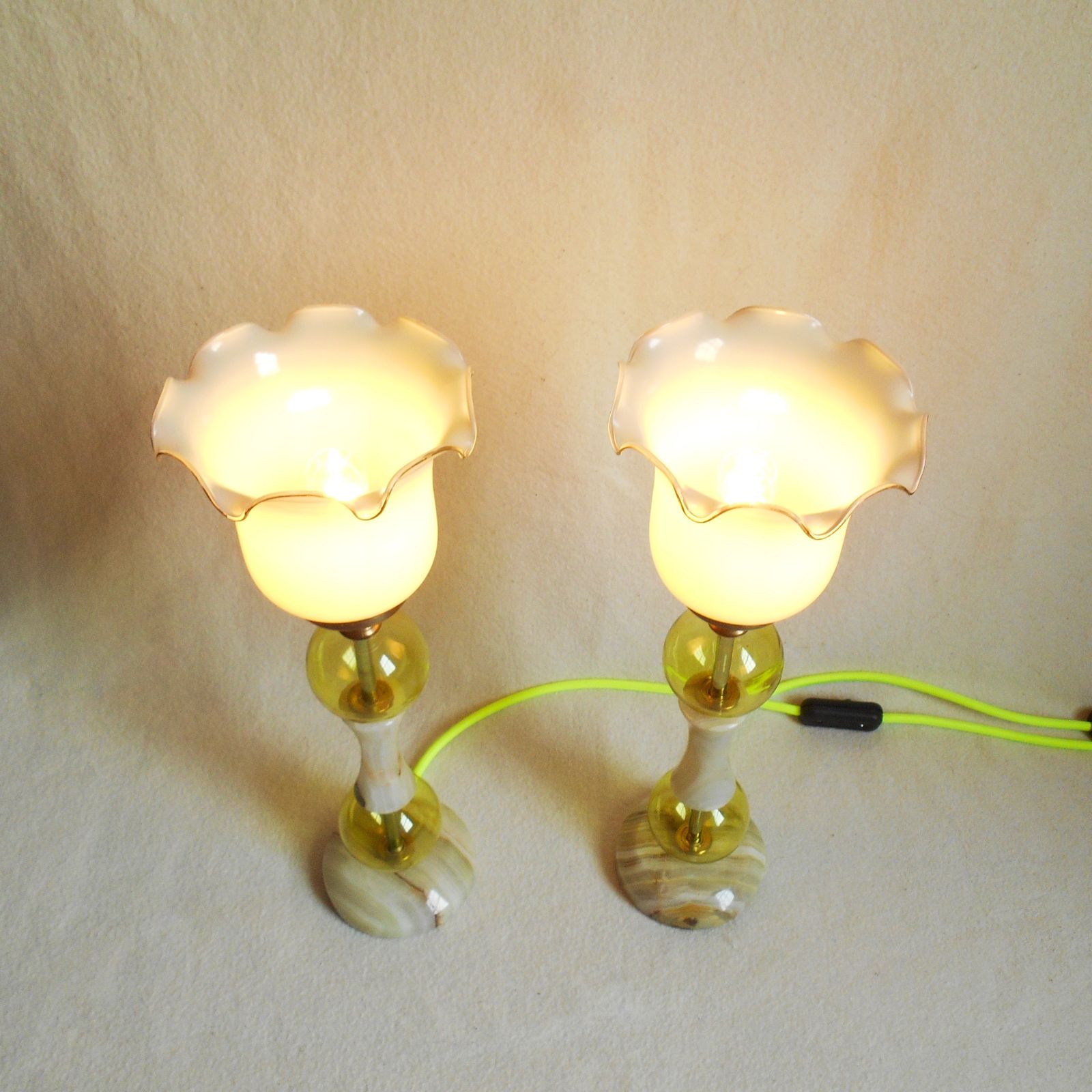 280.0 A Pair Of Vintage Marble And Glass Table Lamps With Striking Neon Yellow Flex photo